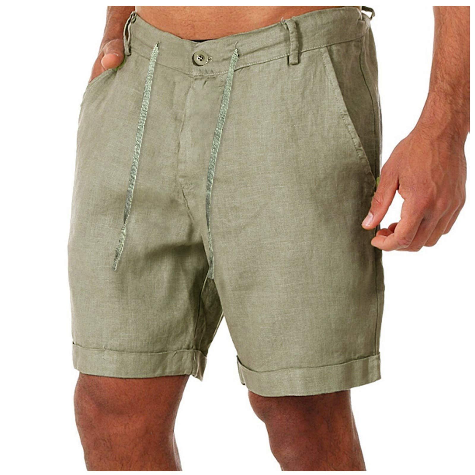 GenericMens Linen Shorts Solid Loose Fit Soft Breathable Summer Beach Shorts Workout Walking Running Hiking Cycling Swiming Shorts with Pockets Drawstring