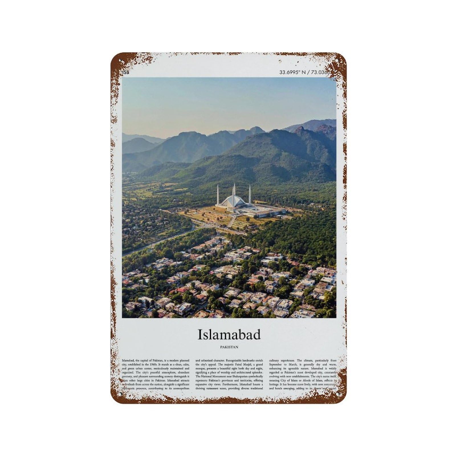 xiaoxiaoshen Islamabad Pakistan City Scenery Wall Decor Art Metal Tin Poster Modern Home Decor Art Home Bar Shop Decorations Vintage Sign 30x20cm