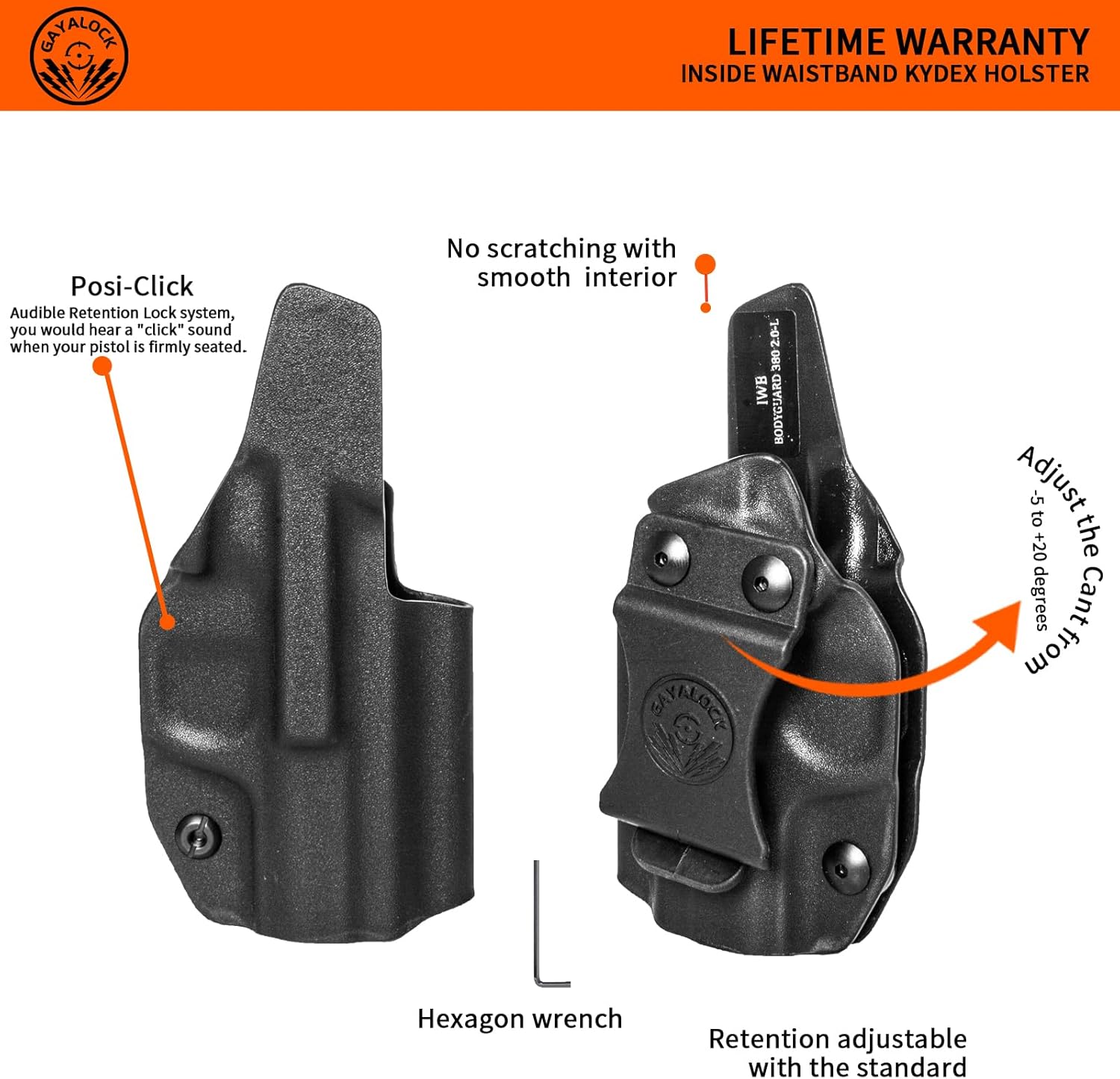 IWB Kydex Holster for Bodyguard 2.0, Right-Hand Inside Waistband, Black, Belt Clip Mount, 7.5 x 4.8 x 1.5 Inches, (Right) (Left)