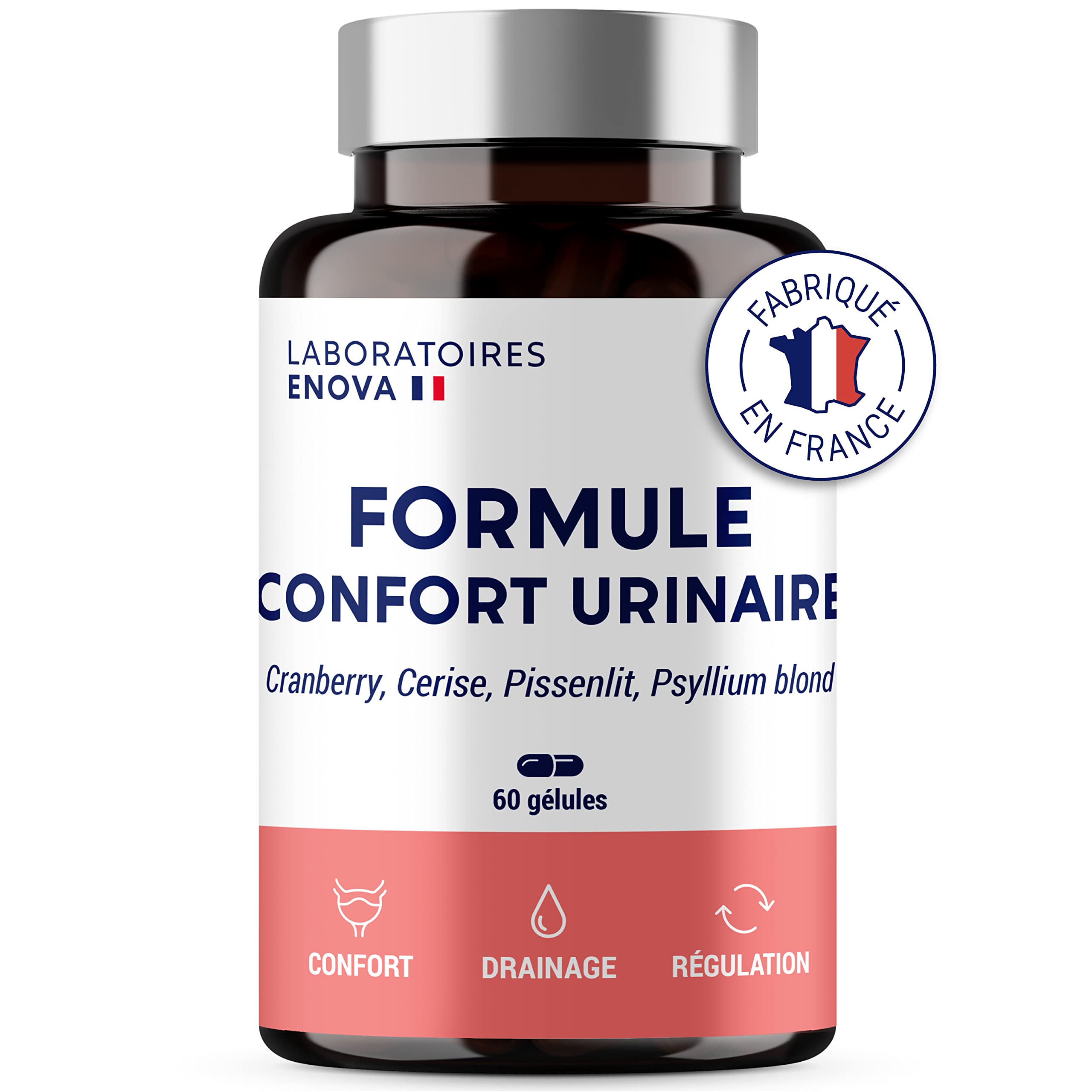 FORMULE CONFORT URINAIRE | Cranberry Psyllium Cerise Pissenlit | Complement alimentaire | Confort, Drainage, Régulation | 60 Gélules | Fabriqué en France