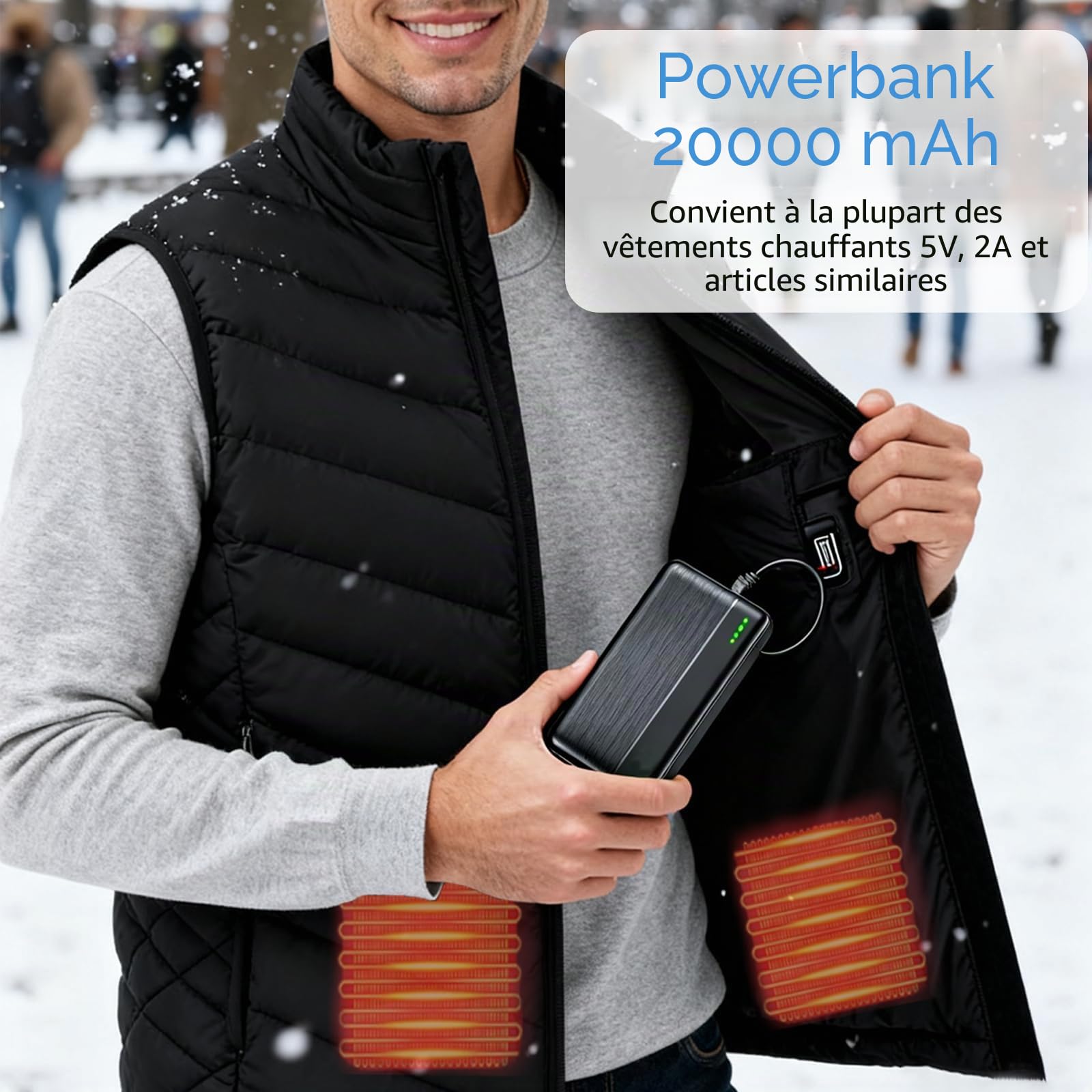 Ahigh Batterie 20 000 mAh, banque d'alimentation 5 V pour gilet, veste, manteau, pantalon et sous-vêtements chauffants, batterie de rechange pour vêtements chauffants