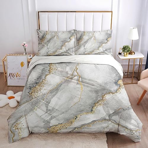 Miniatura 2 de Nordic Light - Juego de funda de edredón de lujo con textura de mármol dorado blanco, juego de funda de edredón de 3 piezas, microfibra suave y