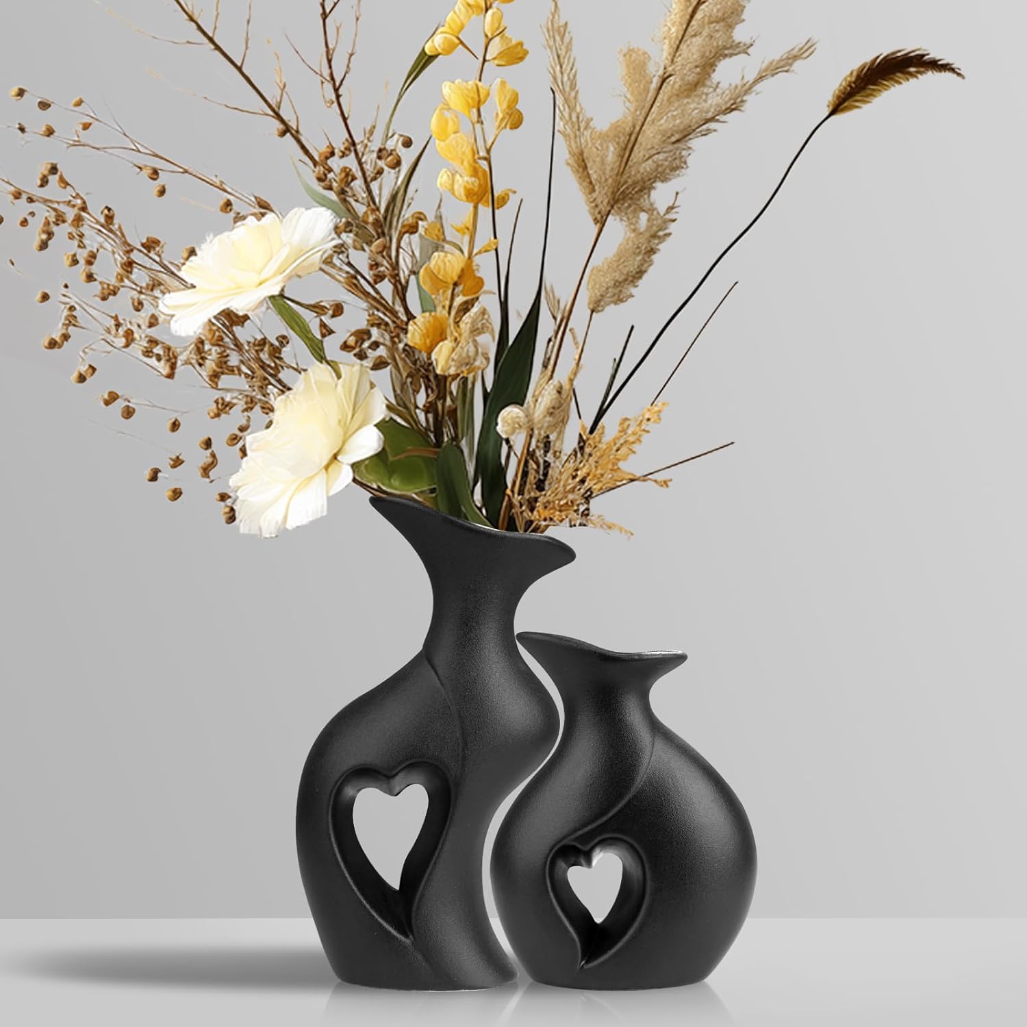Heart Ceramic Vase Set of 2, Black Flower Vases for Lovers, Modern Minimalist Vases for Home Decor or Gift