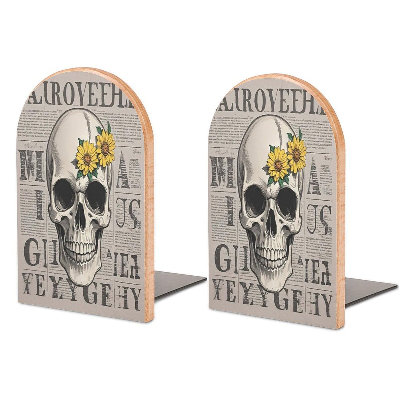 Flower Skull Bookend for Shelves Unique Book End Sturdy Books Holder Heavy Duty Wooden Bookends Support Non-Slip Book Organizers Decorative Modern Bookend Holder for Home