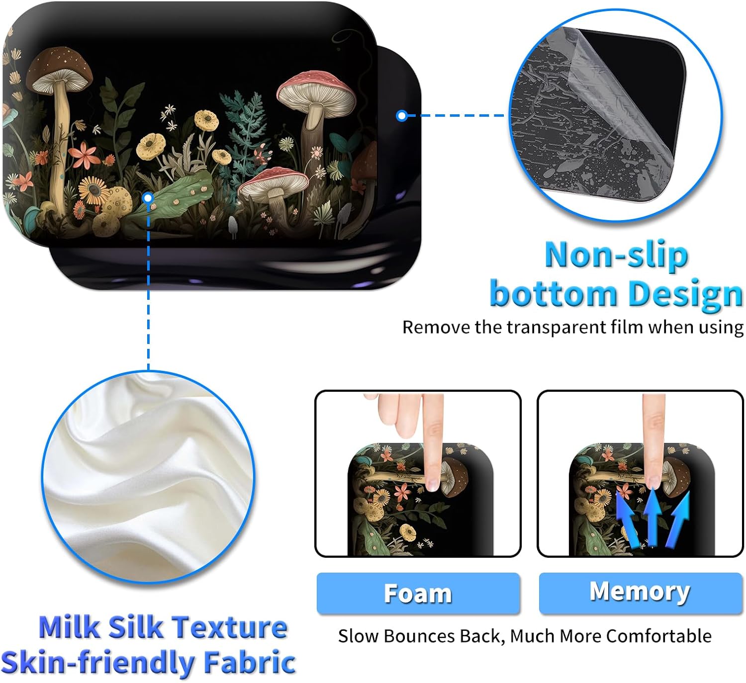 Laptop Mouse Pad 27.5 x 11.8 inch & Small Wrist Rests with Coasters and Mushroom and Flower Printed Design Ergonomic Mouse Pad with Wrist Rest Memory Foam for Easy Typing Pain Relief