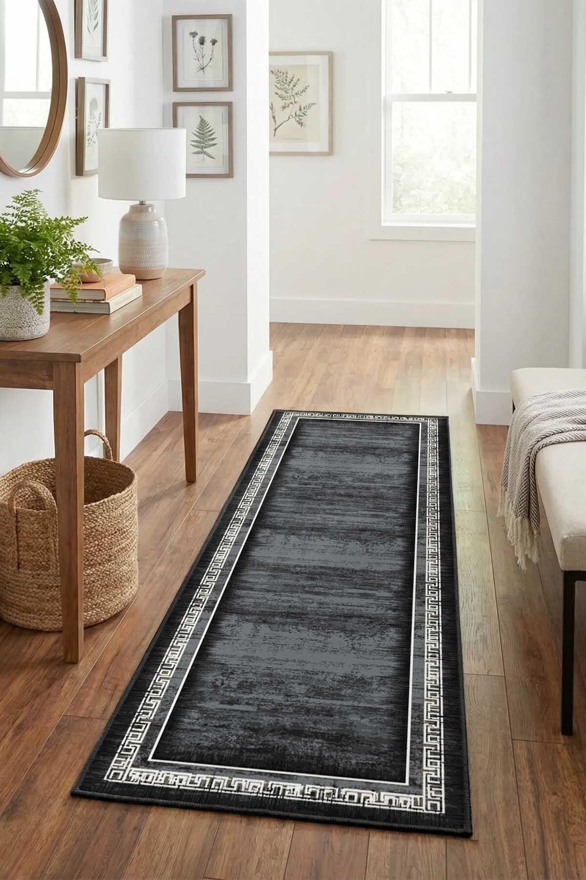 Monnhein Antrasit Yolluk 1067 - Yıkanabilir, Kaymaz Taban, Dijital Baskılı, Leke Tutmaz, İnce Hav, Modern Koridor, Mutfak, Antre ve Salon için Dekoratif Yolluk