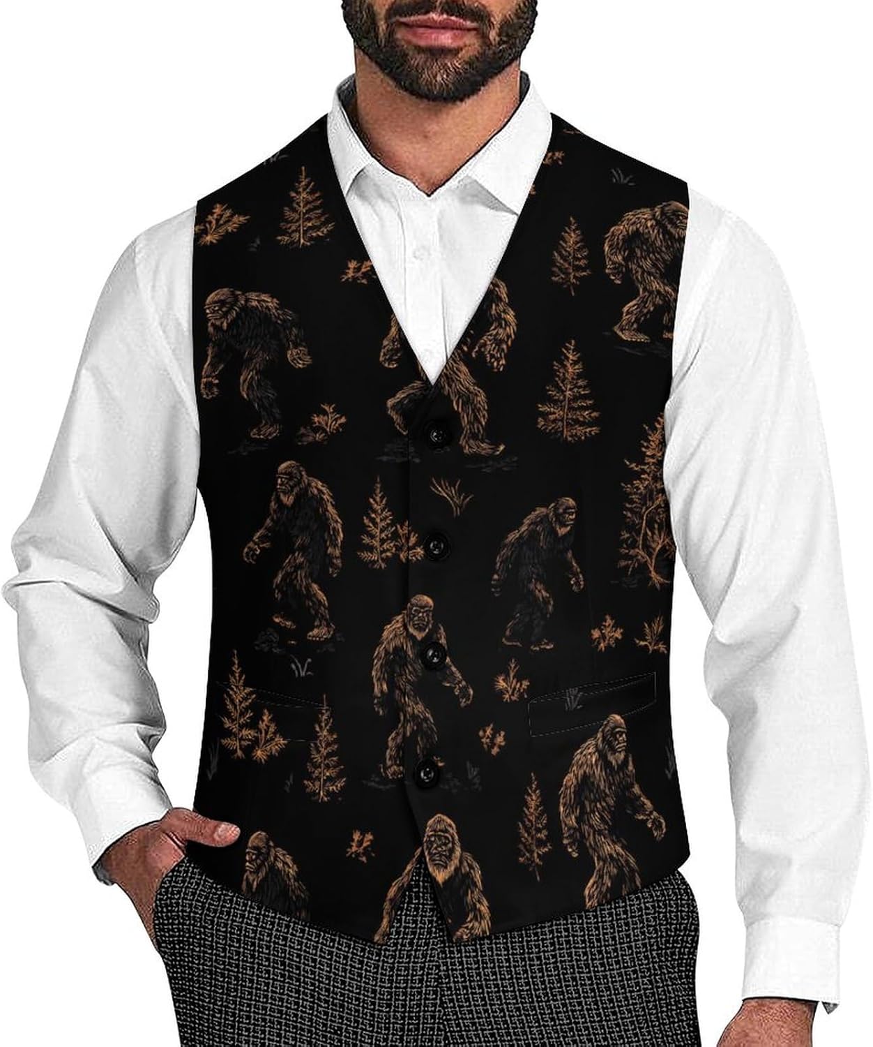 Bigfoot Pattern Novelty Men's Suit Vest Casual Formal Dress Vests Business Waistcoat