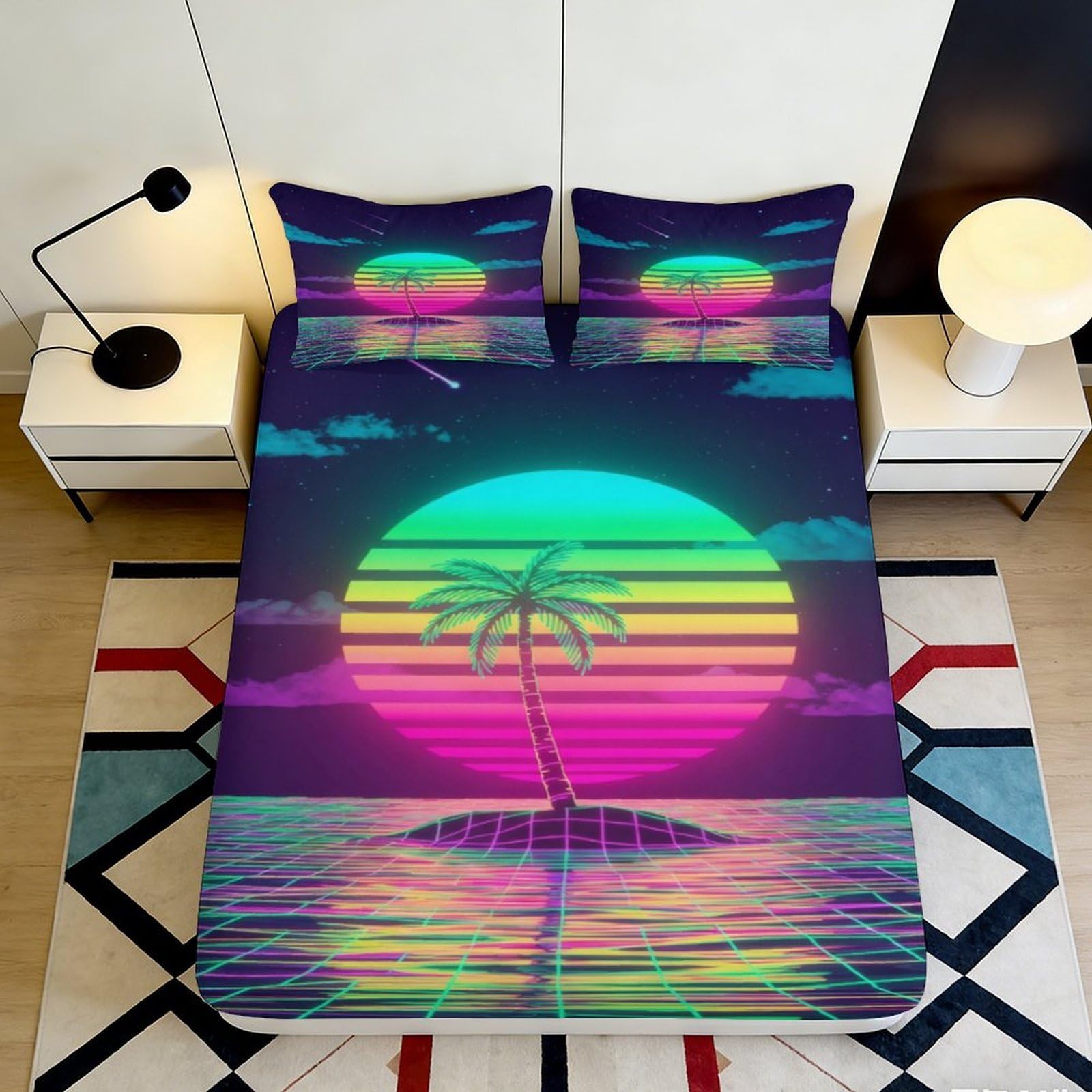 3D Printed Neon Sunset Fitted Sheet Microfiber Soft Palm Island Mattress Cover Bedroom Decor Washable 90x200x25cm