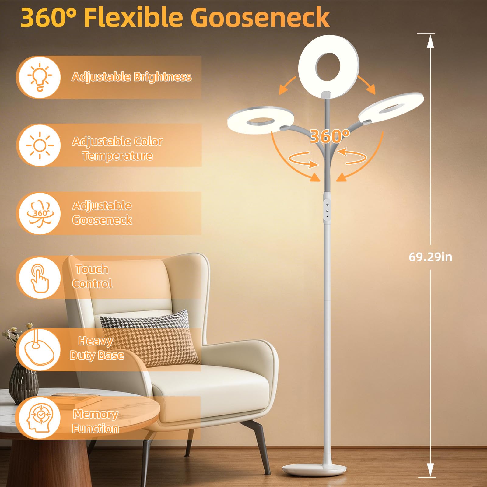 GyroVu Lampada da terra a LED, lampada da lettura da 176 cm per il soggiorno, intensità regolabile e temperatura di colore regolabile, lampada da terra con comando touch e braccio flessibile (Bianco)
