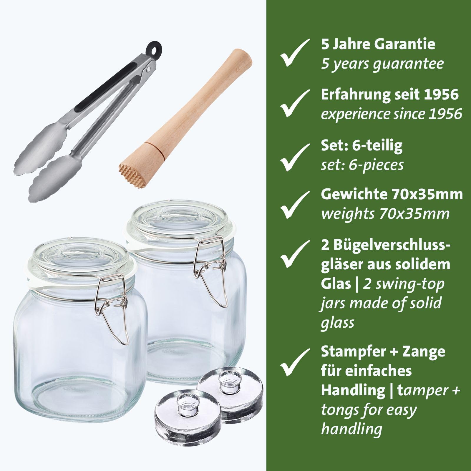Westmark Fermentier-Set, 6tlg. – Set inkl. 2 Drahtbügelgläser, 2 Fermentiergewichte und je 1 Fermentier-Stampfer und 1 Zange, 666022E6