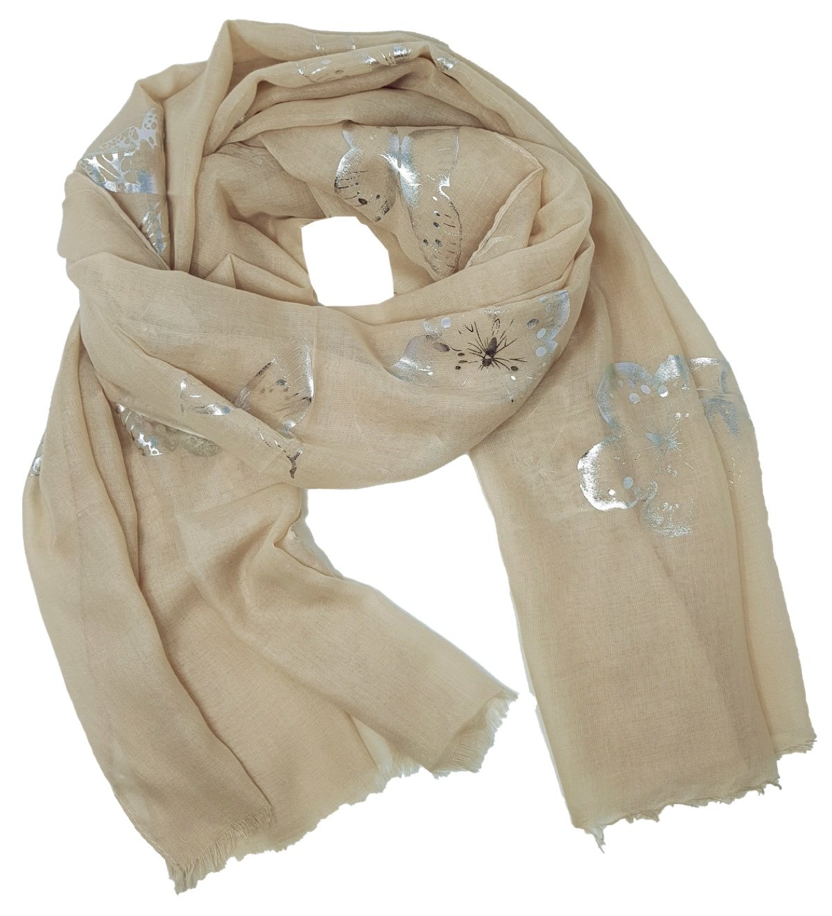 World Of Shawls Women's Glitter Butterfly Beige New Butterfly Print Celebrity Style Scarves Maxi, Scarf, Wrap, Sarong, Shawls (Glitter Butterfly Beige)