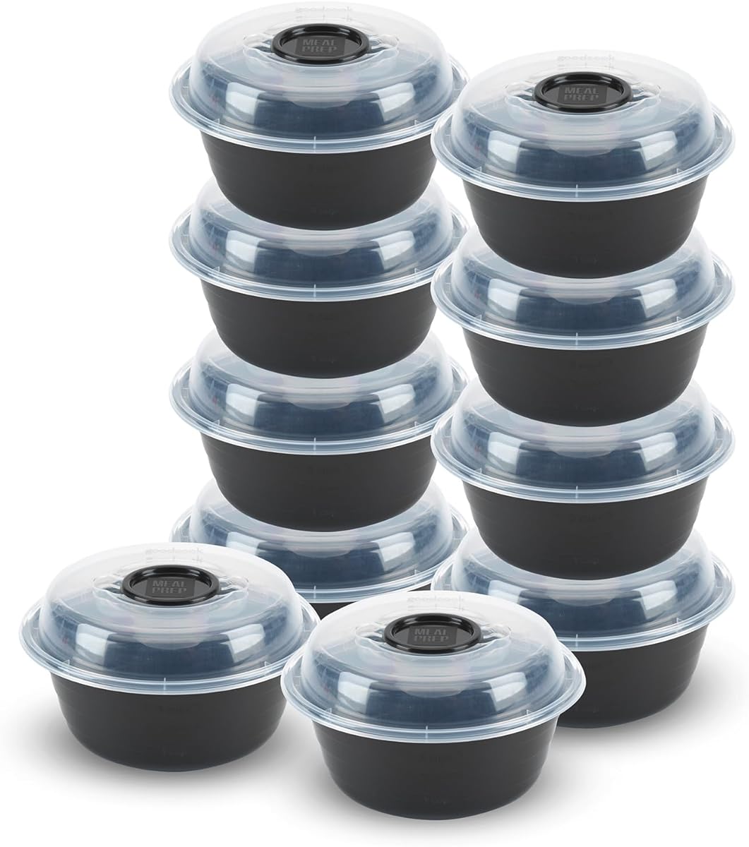 GoodCook 4-Cup Meal Prep Bowls Set with Lids and Dressing Cup, Microwavable Food Storage Containers for Meal Prepping, Set of 10, Black