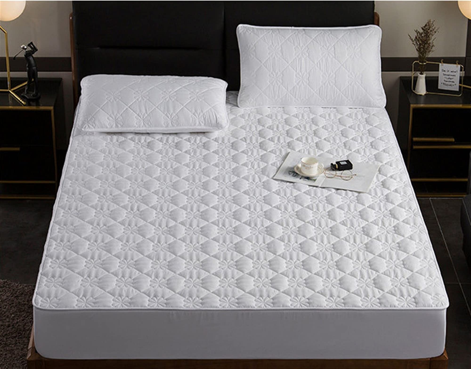 Protège-Matelas Matelassé Élastique Couleur Unie Protège-Matelas Chaud 100% Coton Couvre-Matelas Couvre-lit (Couleur : Blanc, Taille : 180x220cm)