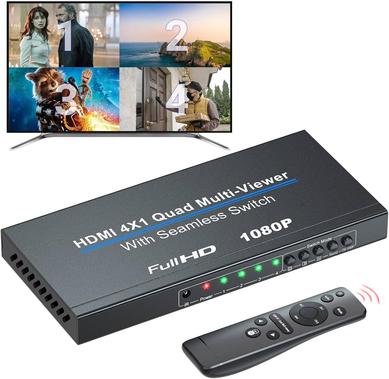 1080P HDMI Quad MultiViewer 4x1 with Seamless Switch, 4 In 1 Out HDMI
