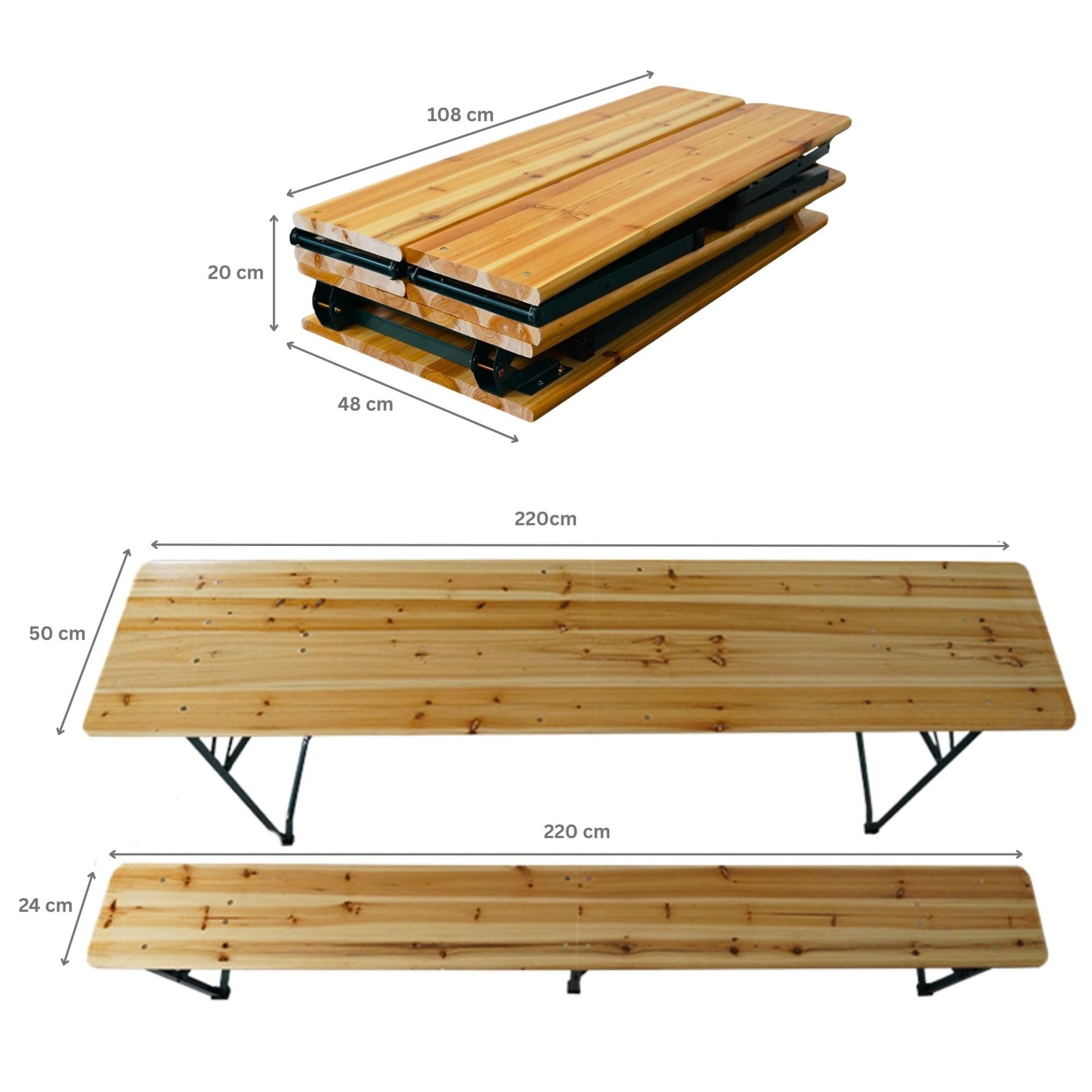 CHEFGASTRO Bierzeltgarnitur mittig klappbar 220 cm breit 3-teilig 1x Tisch 2X Bierbank, lackiertes Holz inkl. 16x Bodenschoner aus Kunststoff Biertischgarnitur Festzeltgarnitur Gartenmöbel-Set