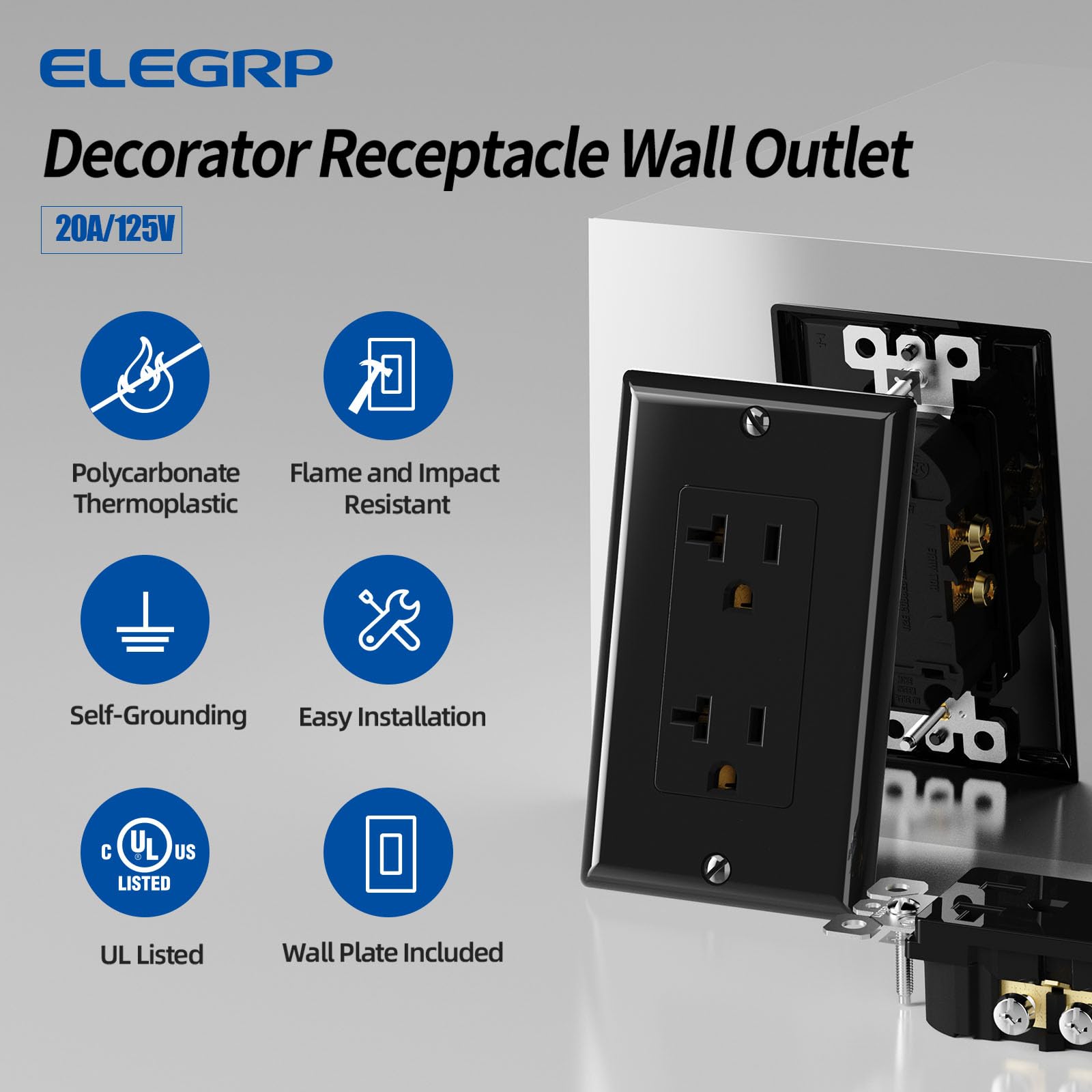 ELEGRP Glossy Black Decorator Electrical Wall Outlet Receptacle, 20A 125V Standard Outlets, 2 Pole 3 Wire, Non-Tamper Resistant, NEMA 5-20R, Self-Grounding, Wall Plate Included, UL Listed, 5 Pack