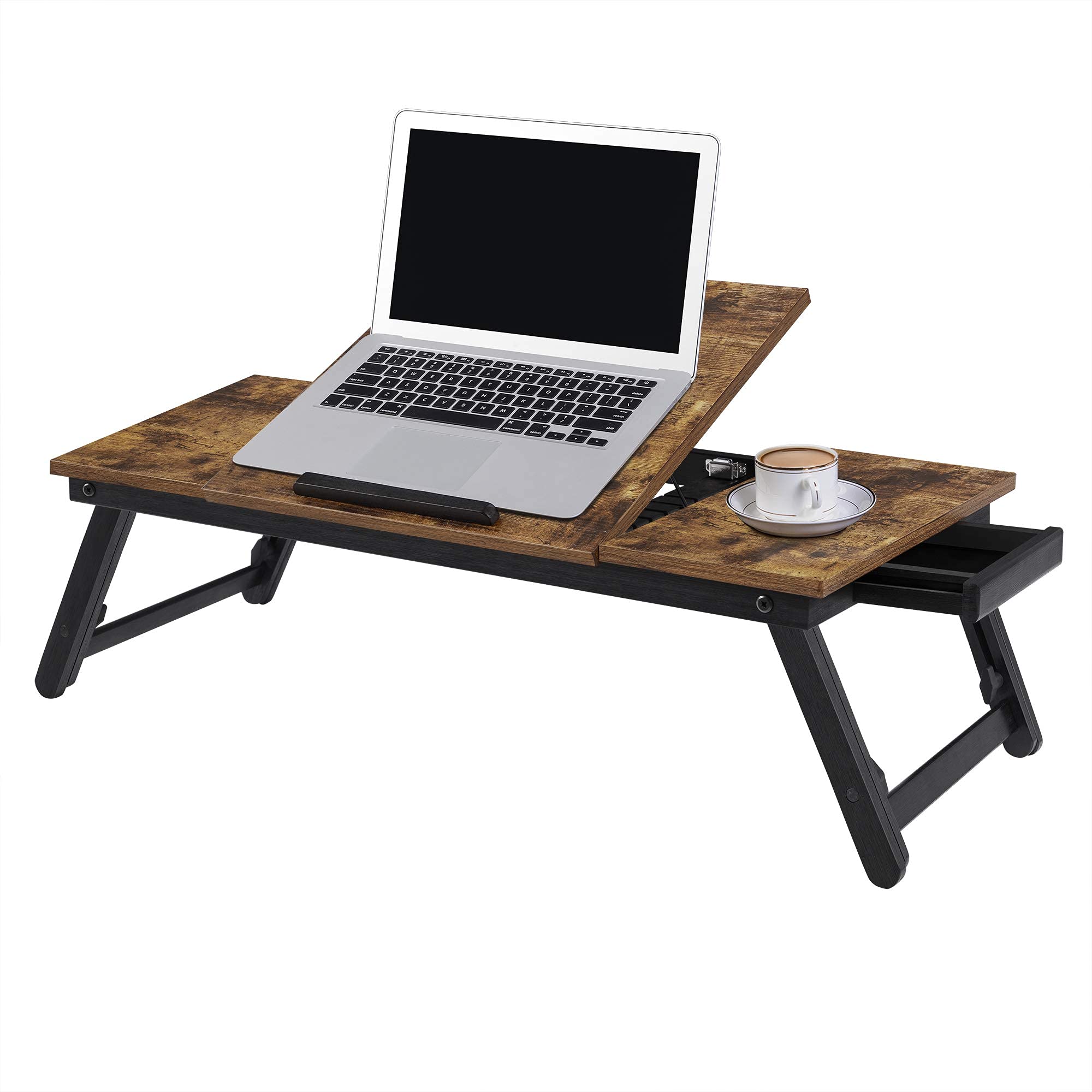 SONGMICS stolik pod laptopa, stojak na laptopa, stolik pod notebooka, taca śniadaniowa, składane nogi, z regulacją wysokości, na łóżko i sofę, do laptopów o przekątnej do 14,3", 71 x 35 x 23 cm, brązowy vintage LLD110B01