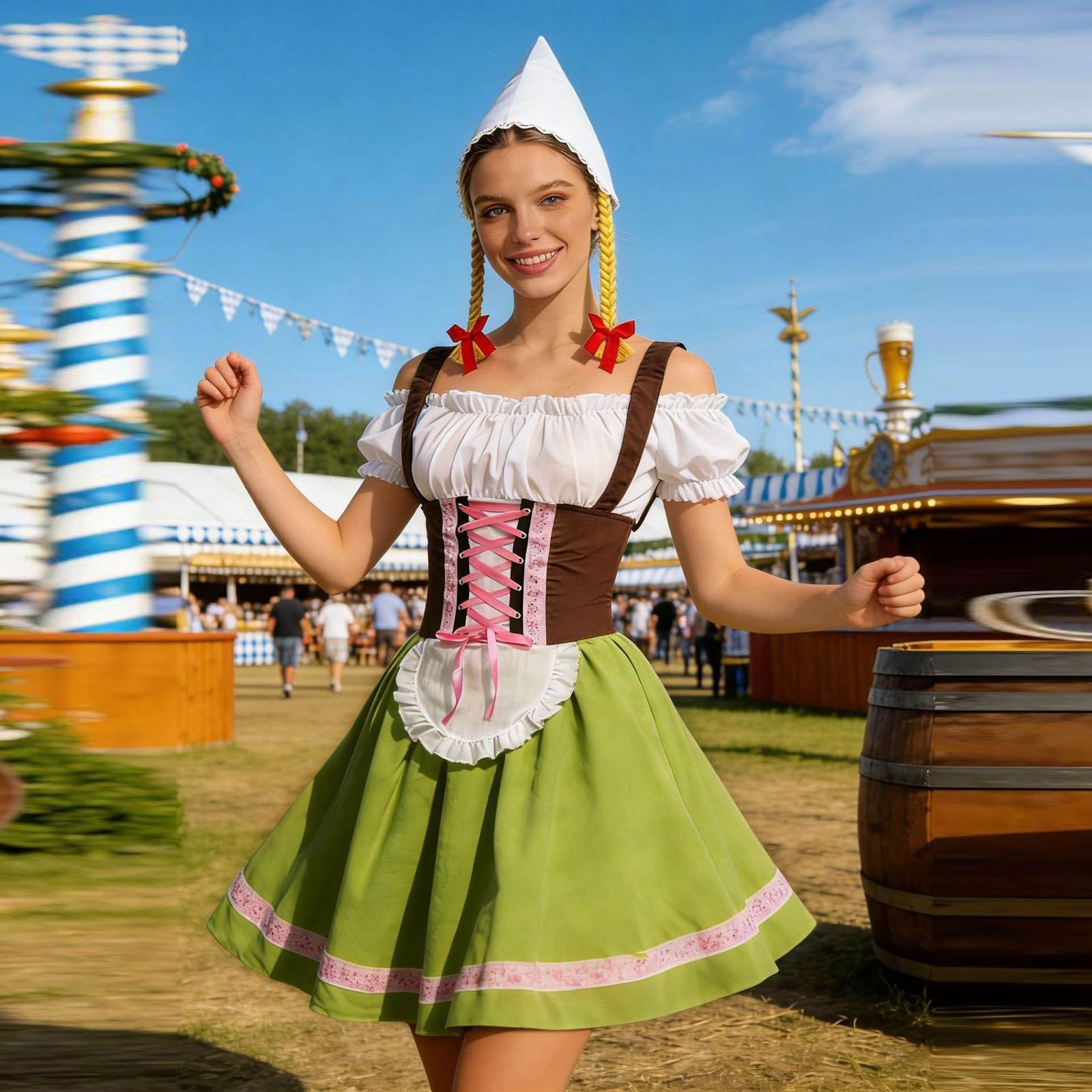 Damen Trachtenkleid Dirndlkleid Midi mit Dirndlschürze Trachtenmode Oktoberfest Outfit Traditionelles Oktoberfest für Elegantes deutsches Bierfest Cosplay mit Schürze Bluse Costume