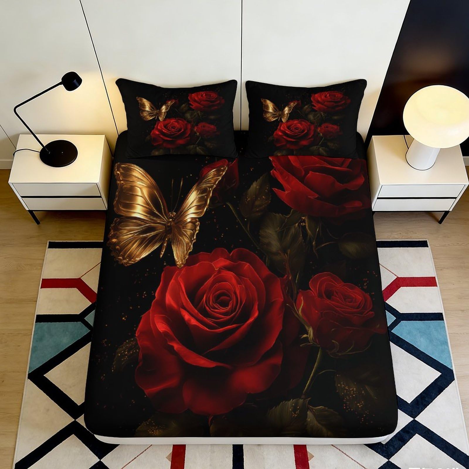 Pnayamiorkfel Style-2 3D Printed Golden Butterfly Rose Fitted Sheet Microfiber Soft Mattress Cover Bedroom Decor Anti-Dust Easy Care 90X200x25cm
