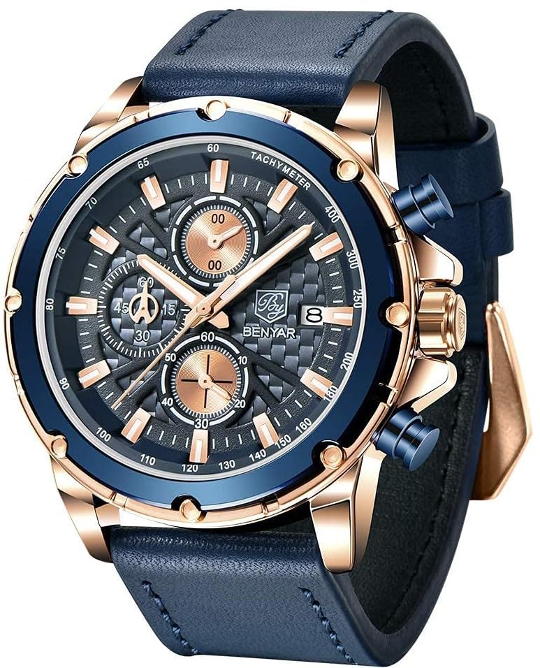 BENYAR Wrist Watches for Men Leather Strap Analog Chronograph Fashion Business Sport Design Mens Watch 30M Waterproof Stylish Elegant Gifts for Men (Blue-Gold) (B09JGNLXVT) Amazon Price History, Amazon Price Tracker