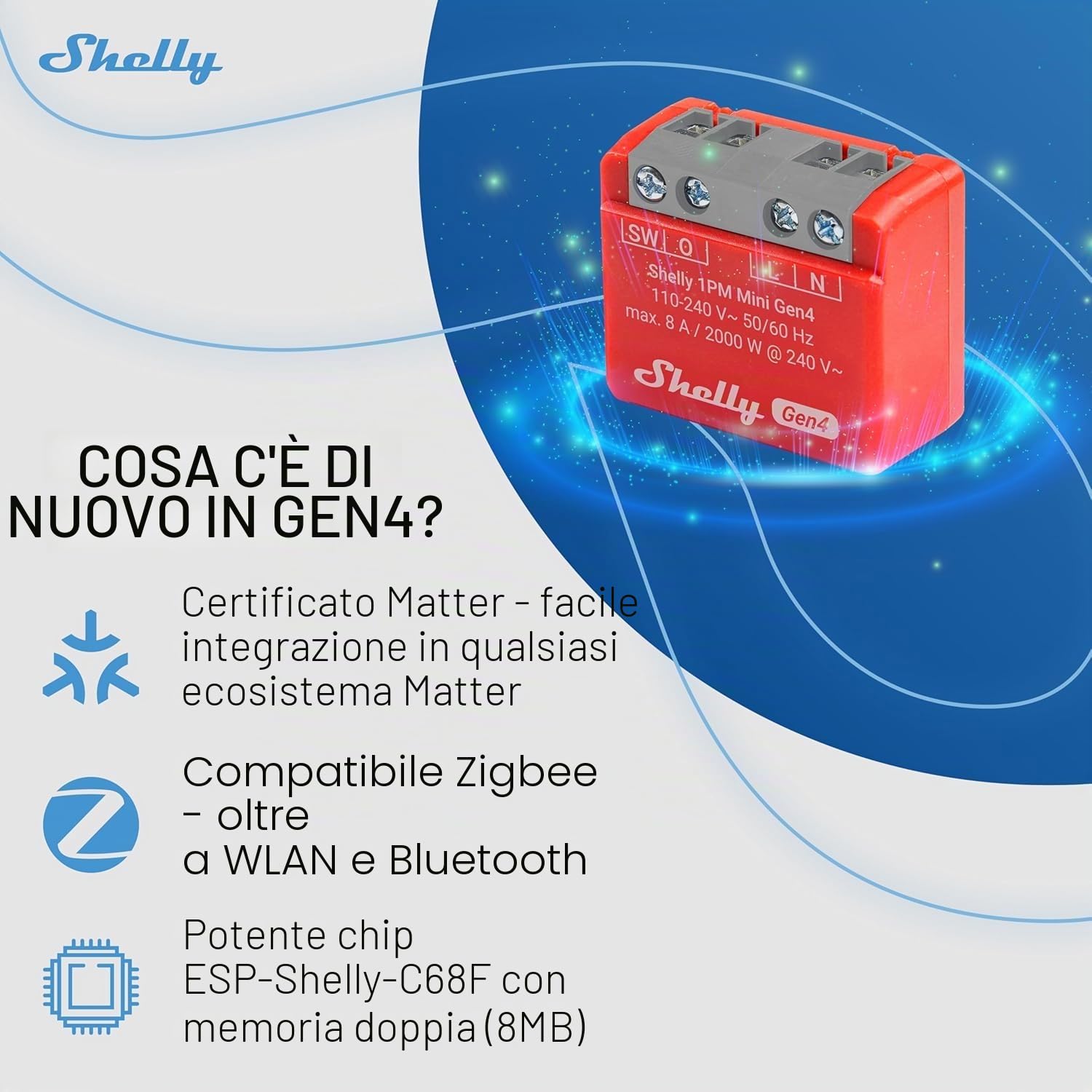 Shelly 1PM Mini Gen4, interruttore relè intelligente con funzionamento Wi-Fi, 1 canale, 8A, misurazione della potenza, automazione domestica, nessun hub necessario, Alexa, Apple HomeKit & Google Home