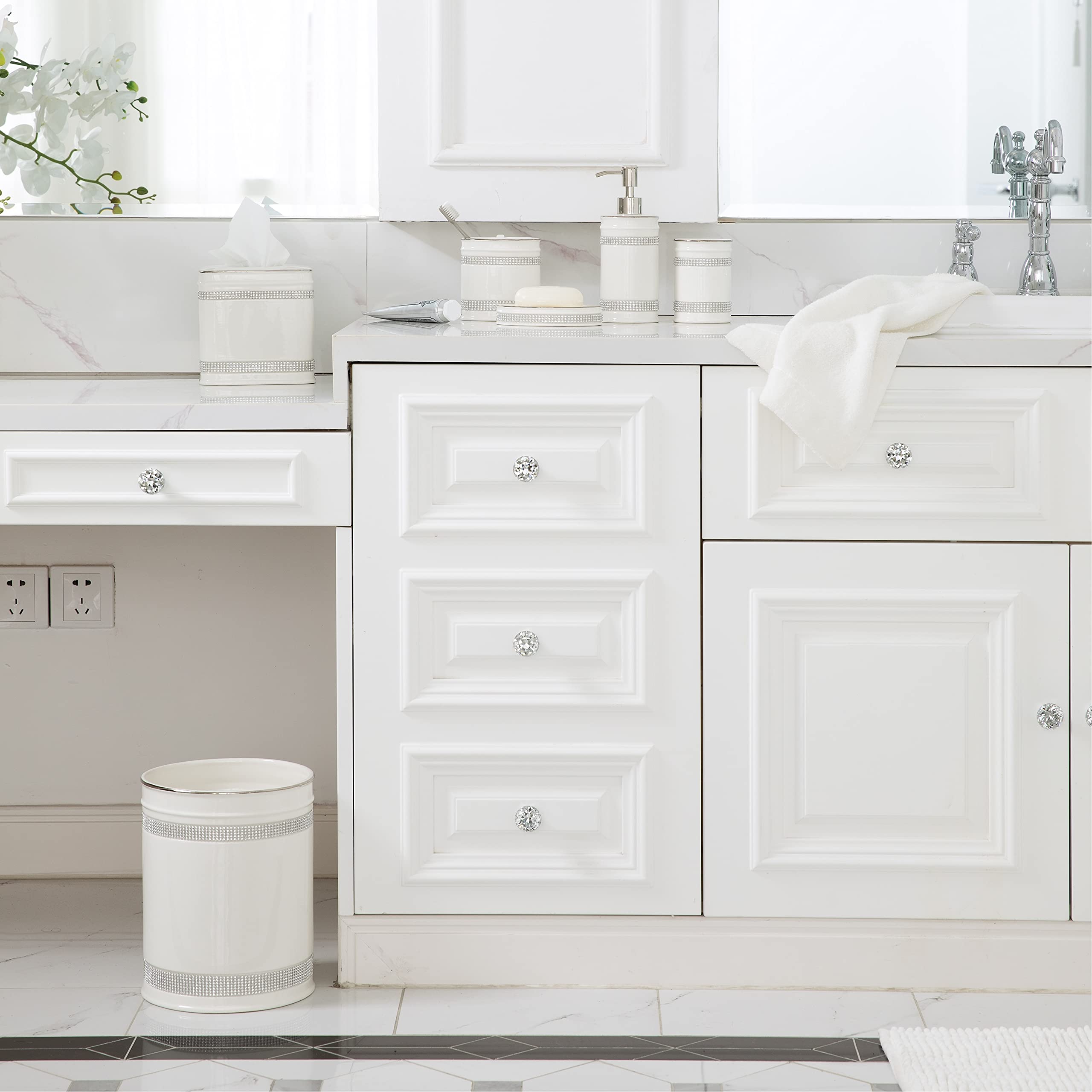 Ensemble d'accessoires de salle de bain 4 pièces en céramique avec distributeur de lotion/pompe à savon, gobelet, porte-savon et porte-brosse à dents (rose, blanc)