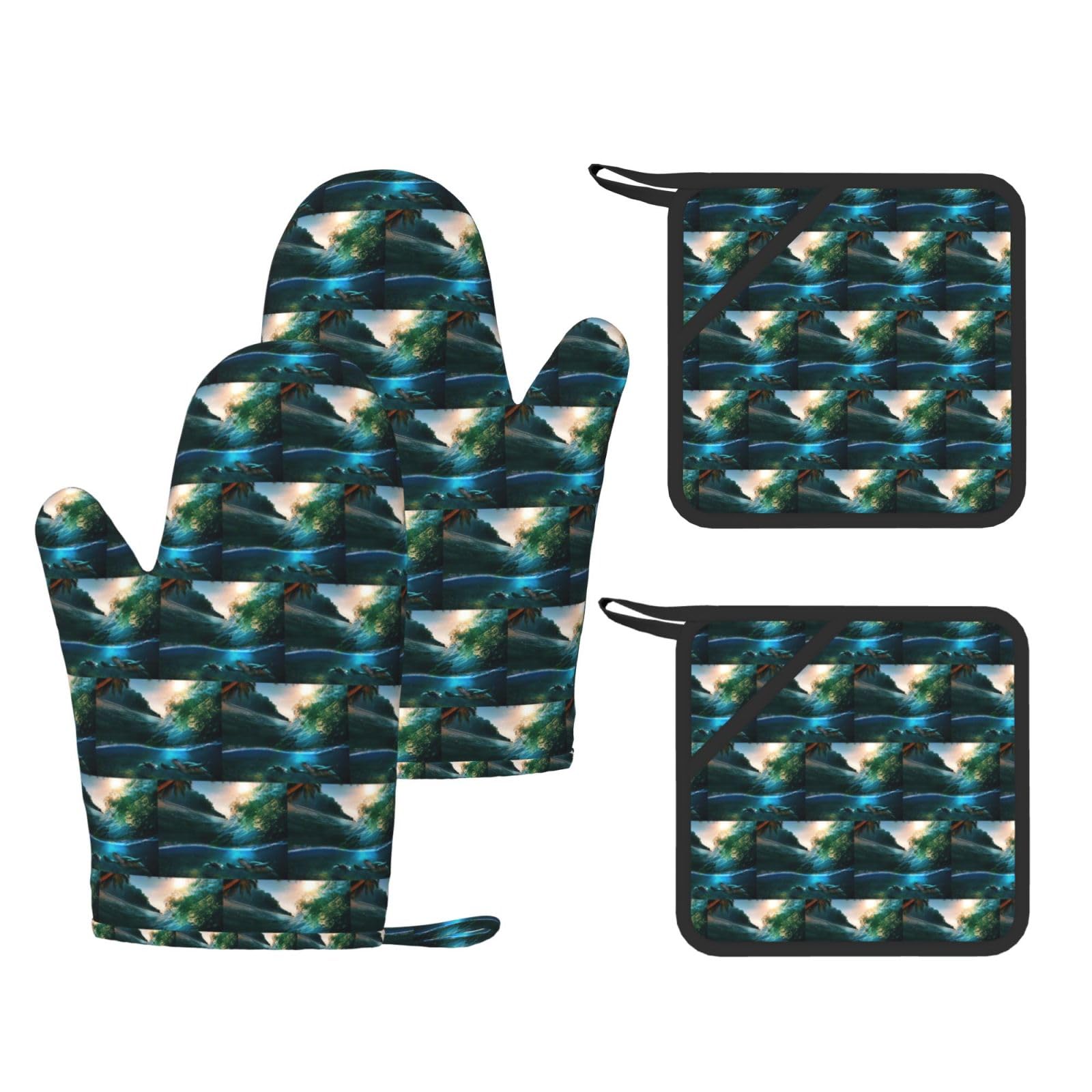 Palm Trees and Sea Turtles Diving Underwater Printed Potholder and Oven Mitt Set of 4, High Heat Resistant Cooking Gloves for BBQ Grilling