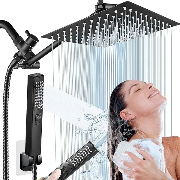 High Pressure Rainfall Shower Head With Handheld Spray，Black Square Shower Head 180° Adjustable With Extension Arm, 10 Inch&3 Spray Modes, Rain Shower Head Black - Easy To Install，Paste Fixed Base * 2