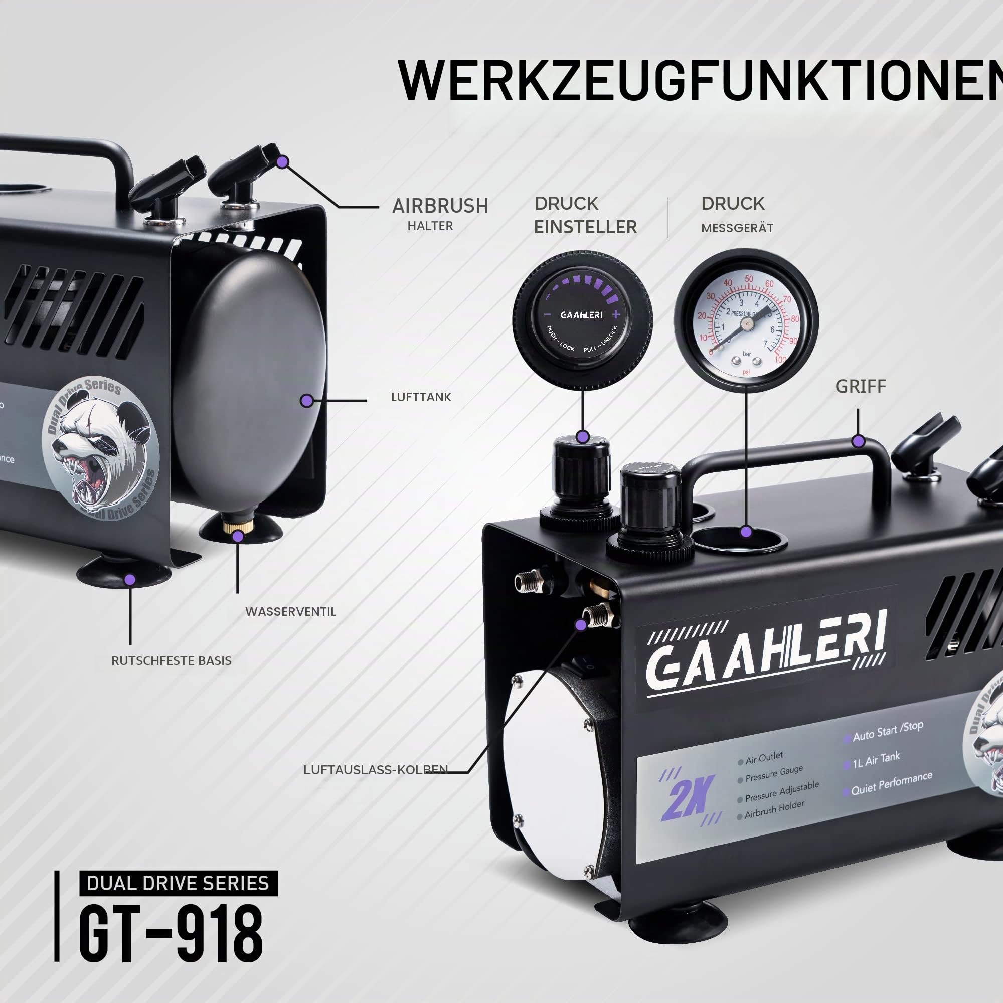 Gaahleri Airbrush-Malset mit Kompressor, Lufttank, 1 l, Dual-Luftauslass-System, fortschrittliche Luftpinselführung, manuelle Kuchendekoration, Nagel-Tattoo-Malerei, Modellfärbung, multifunktional