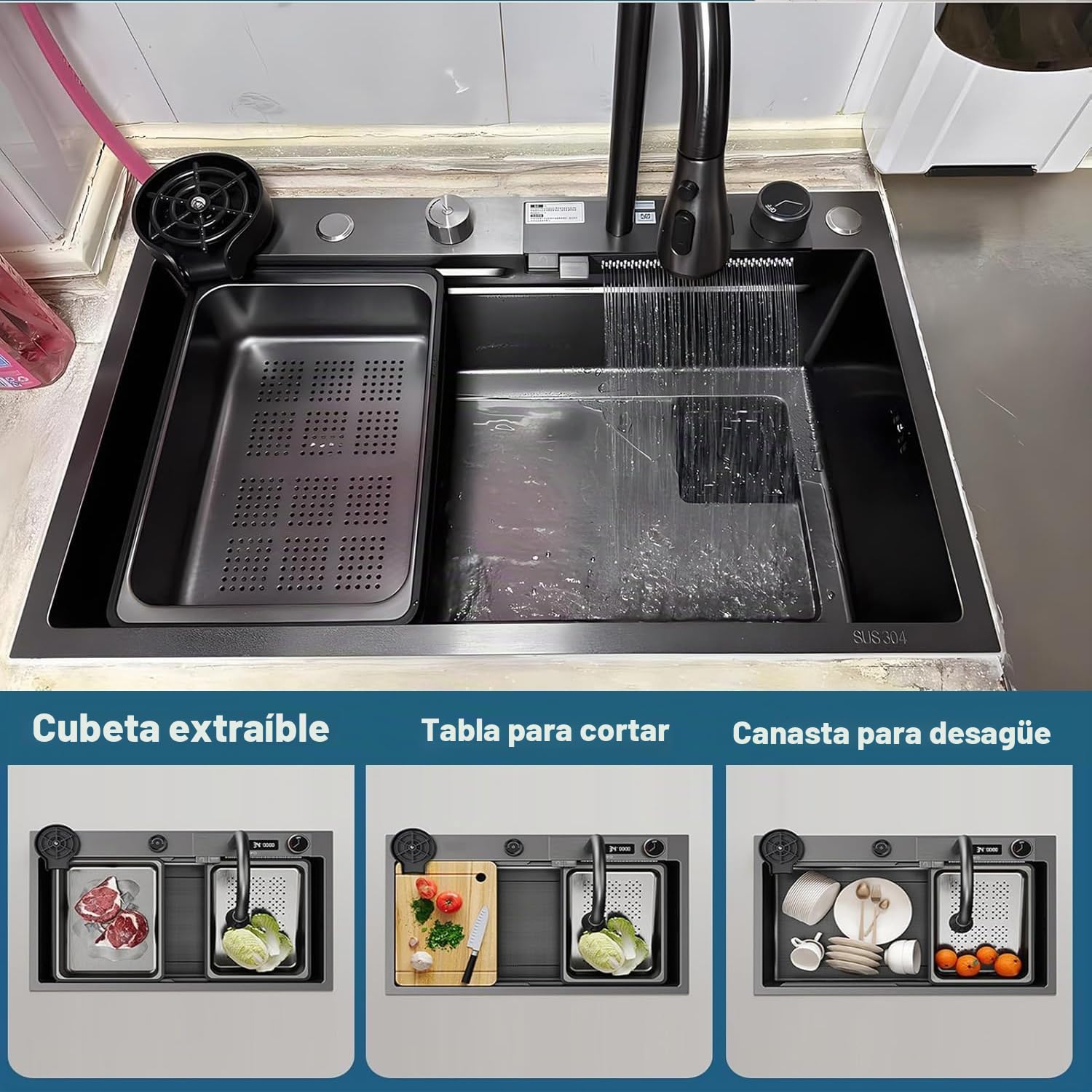Fregadero Cocina Negro Multifuncional, Fregadero Cocina en Acero Inoxidable, Fregadero Bajo o Sobre Encimera Con grifo extraíble/dispensador de jabón/flujo de agua en cascada (A, 68x45cm)