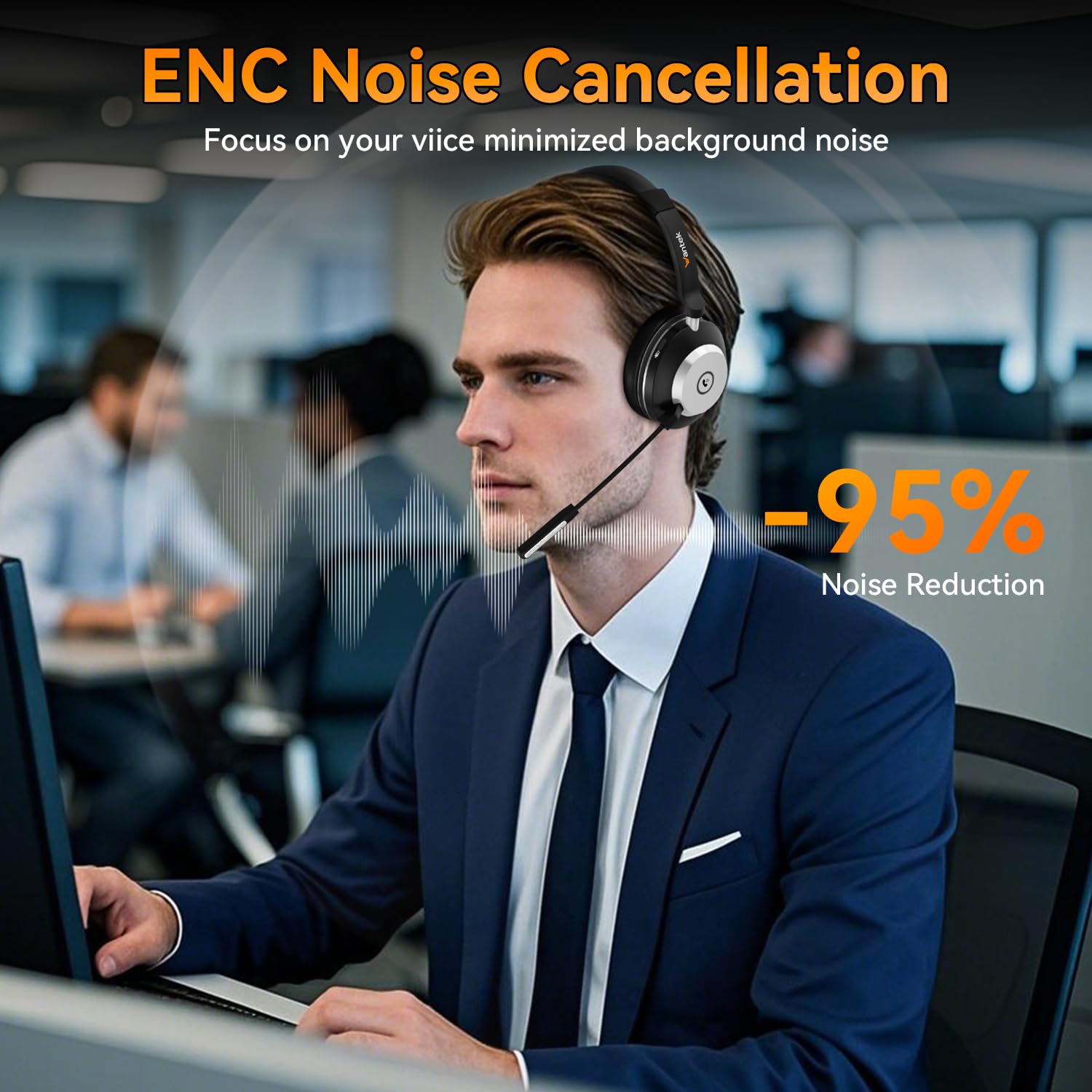 Wantek Bluetooth-Headset mit Mikrofon (EIN-Ohr) für PC, V5.2, Kabelloses Headset mit Rauschunterdrückungs-Mikrofon, USB-Dongle & Ladestation, Stummschalttaste für Arbeit, Handys, Computer
