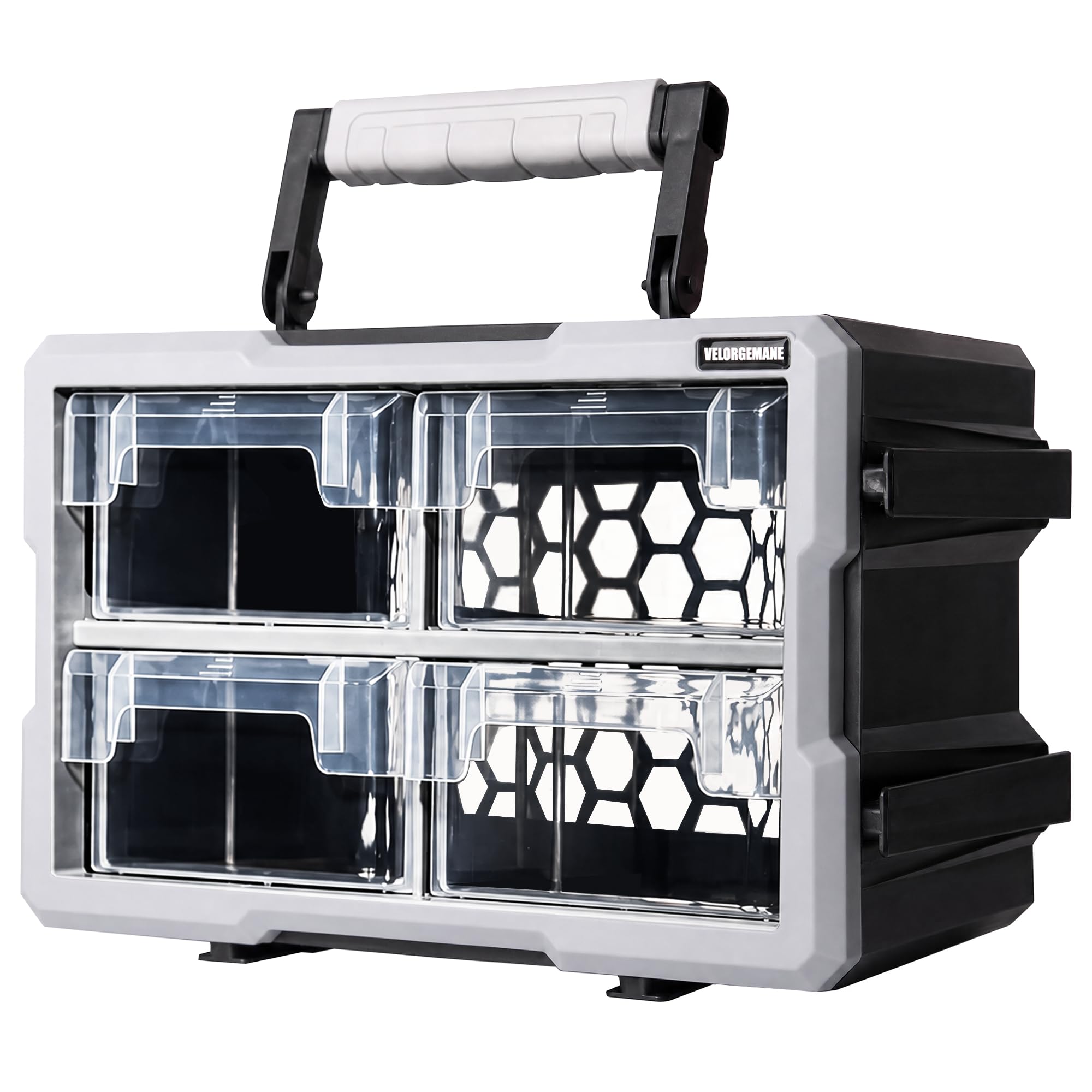 Photo 1 of VELORGEMANE 4 Drawer Modular Stackable Storage Organizer System with Clear Drawers, Removable Handle, Interlocking Frame, Wall Mount Garage Storage Solution
