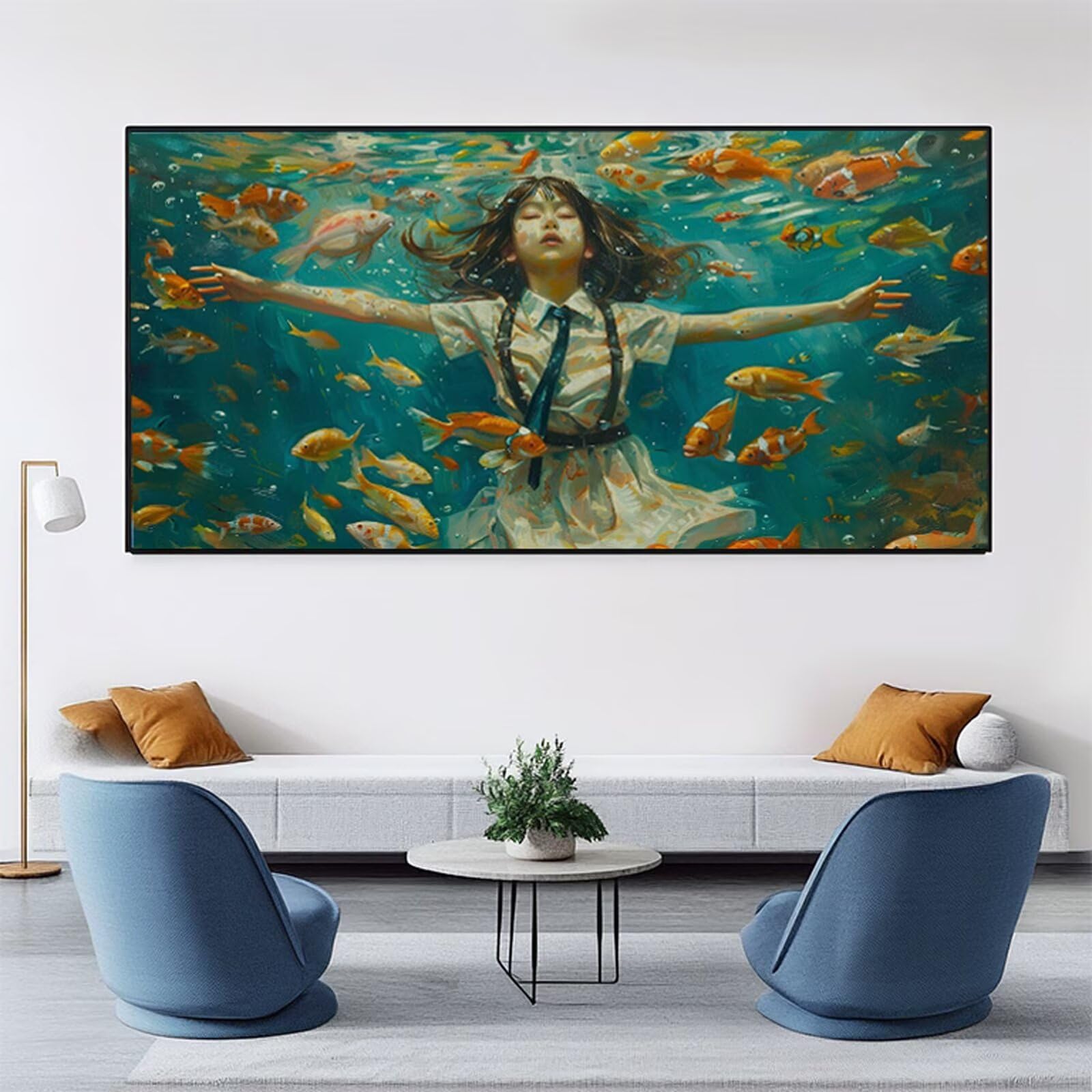 Malen Nach Zahlen Erwachsene Frau Malen Nach Zahlen Fisch DIY Paint by Numbers für Anfänger Mit 3-Pinseln und Acrylfarbe, Ohne Rahmen, Malen-Nach-Zahlen Set für Wand Deko Wohnzimmer 90x180cm RB-613