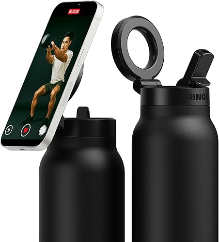 Ringo PRO - Botella de agua con soporte magnético para teléfono y tapa con popote, botella de acero inoxidable aislada para entrenamientos, creación