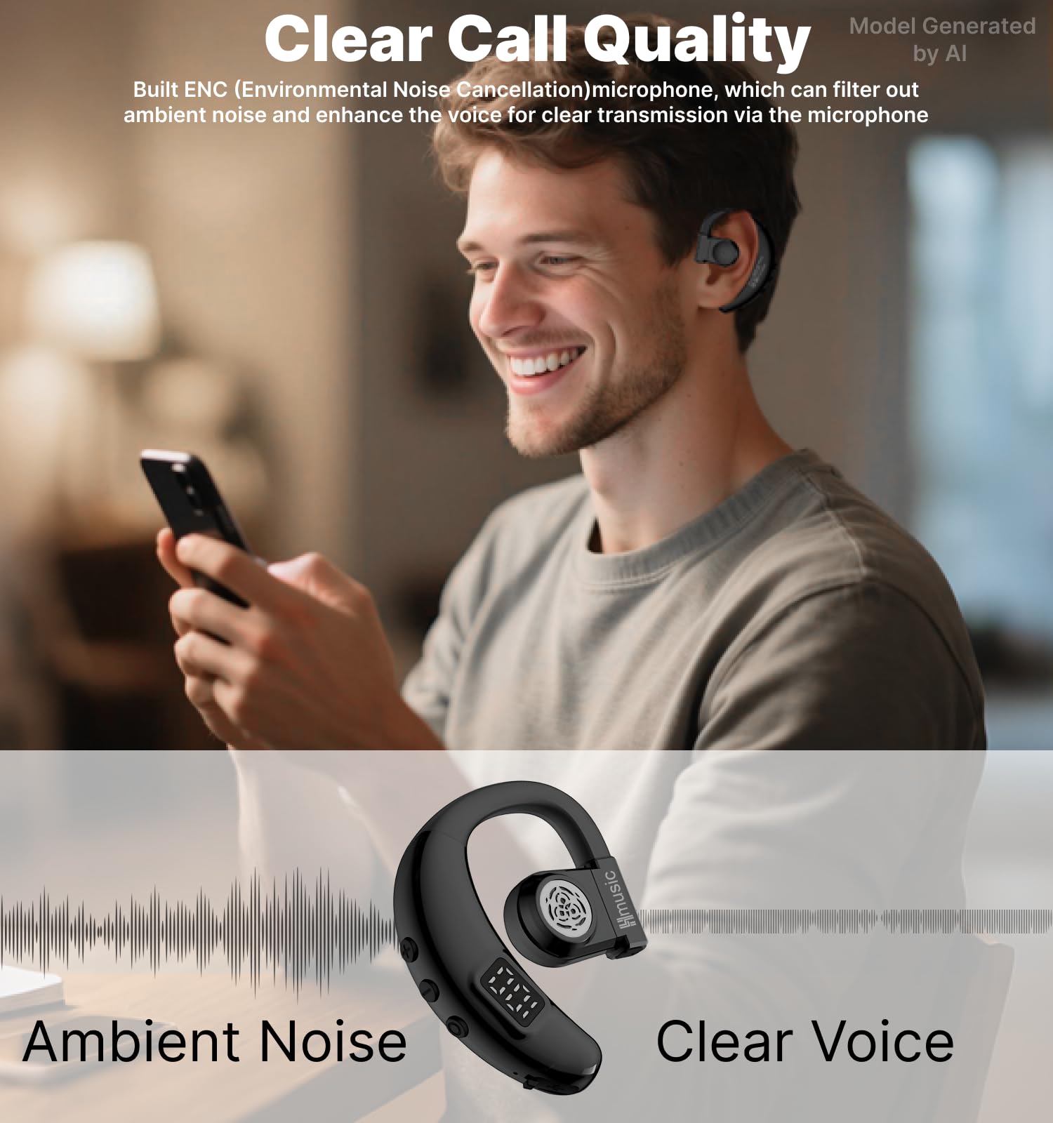 Hmusic Auricolare Bluetooth Singolo V5.4, Rotazione 180°, per Orecchio sinistro e destro, IPX5 Impermeabile, 20 Ore di Autonomia con microfono ENC, per guida, lavoro e sport (nero)