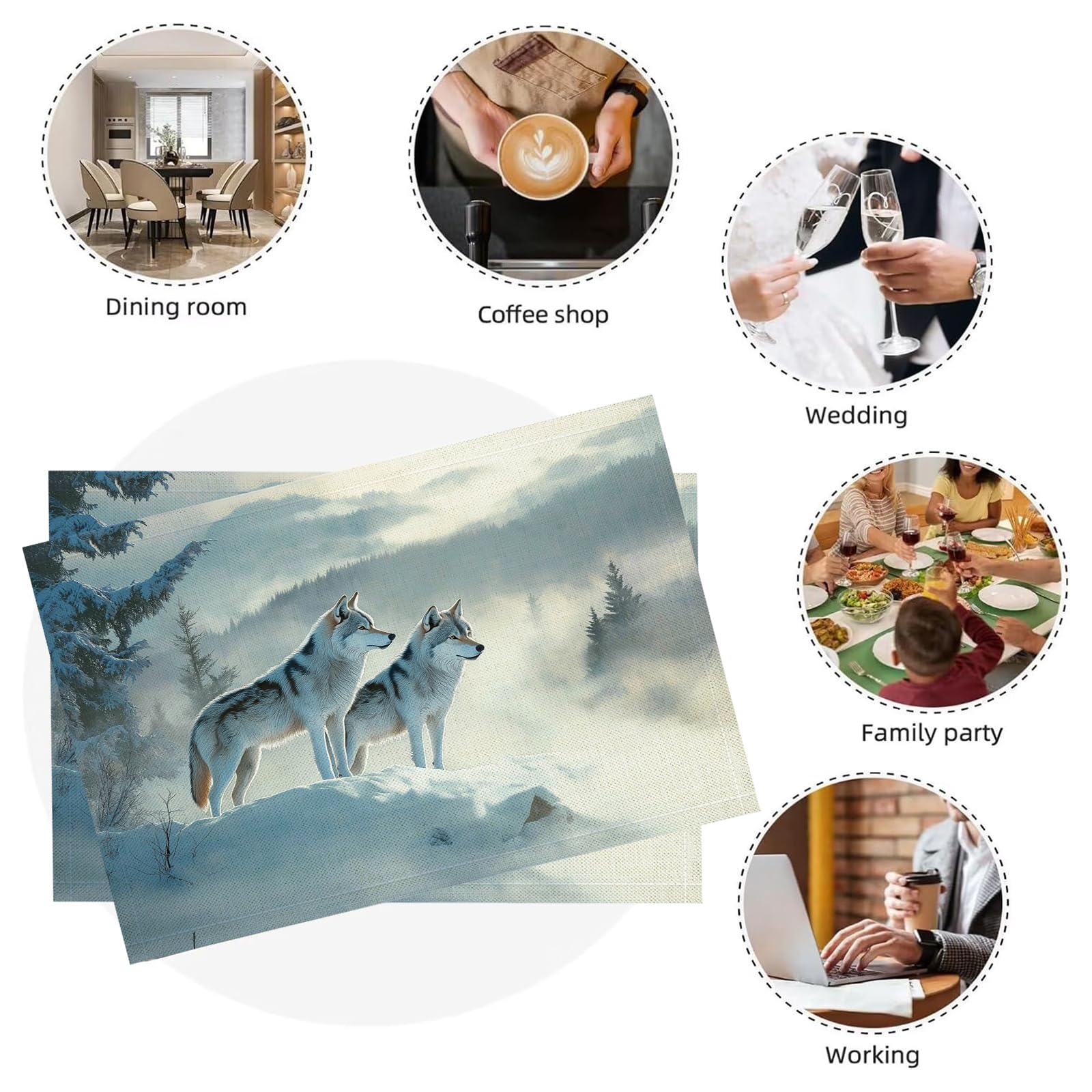 Set di 8 Tovagliette Americane Lavabili Cotone Lino Paesaggio forestale - Tovaglietta Americana Stoffa Resistenti al Calore Durevole Lupo delle nevi- per Colazione Pranzo