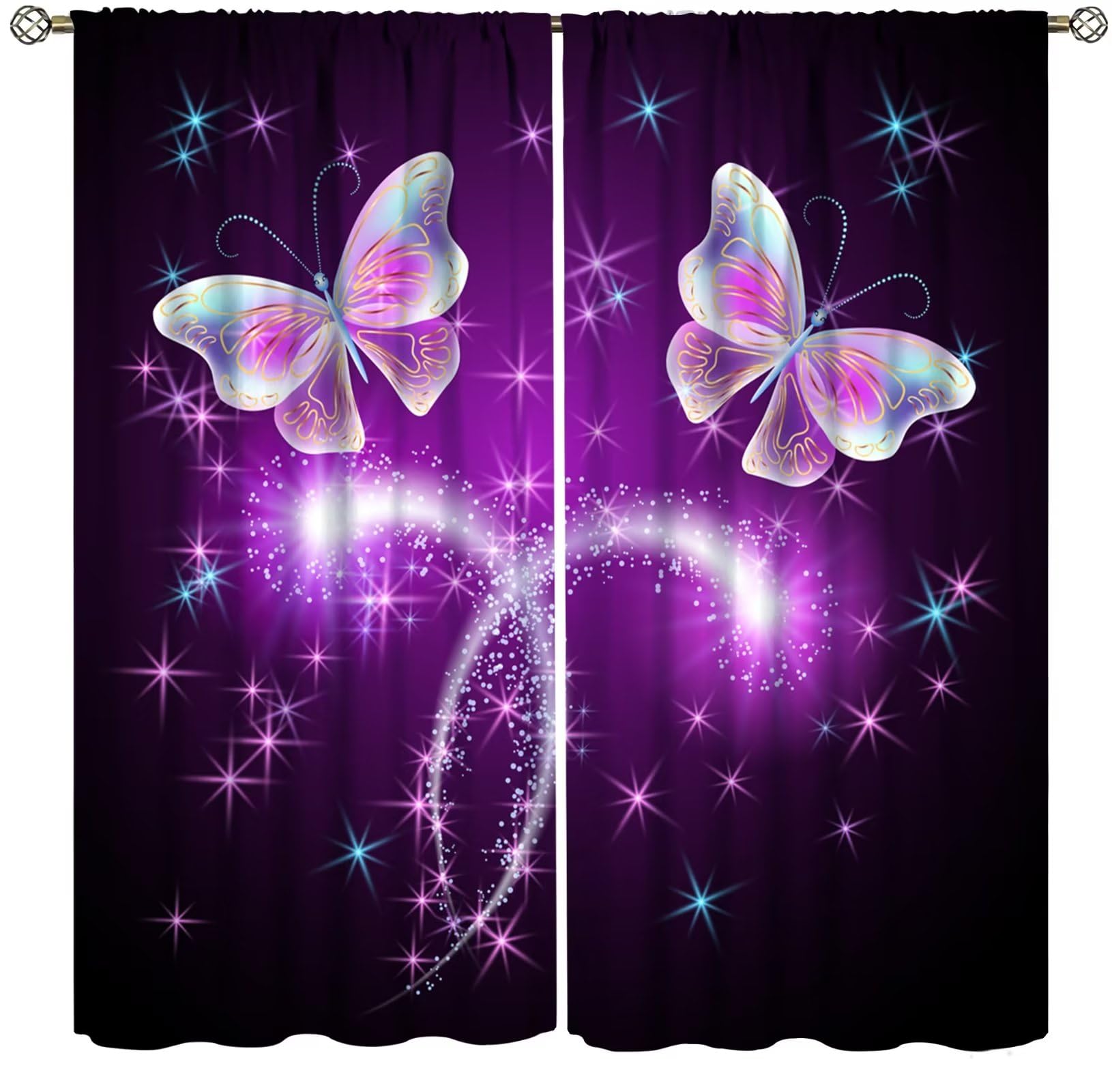 Butterfly Curtains Colorful Butterflies Glowing Firework and Sparkle Stars Blackout Rod Pocket Curtains for Bedroom Living Room Decor Thermal