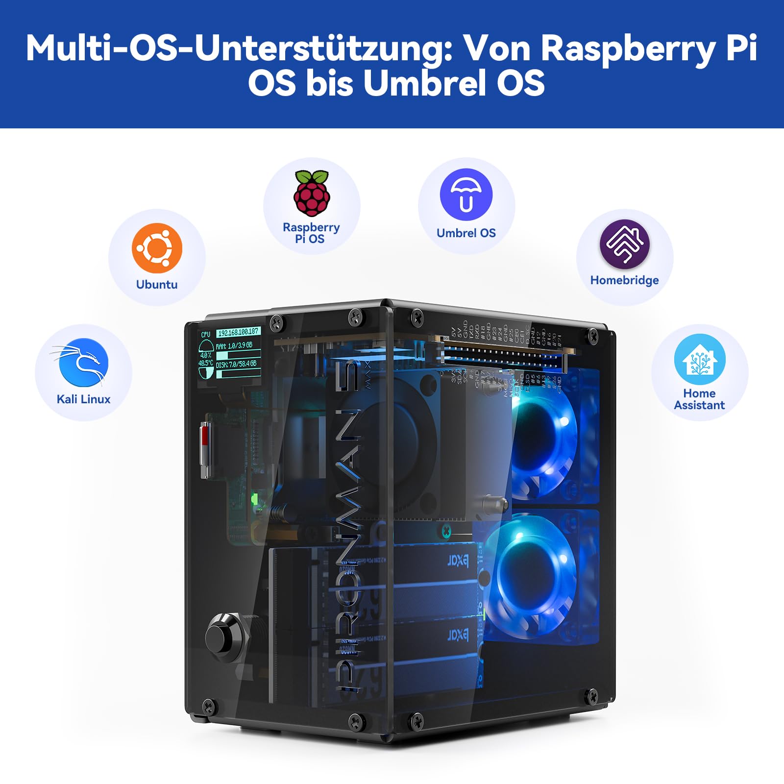 Pironman 5-MAX Raspberry Pi 5 Gehäuse mit Dual NVMe M.2 SSD PCIe, Mini PC NAS RAID 0/1, Hailo-8L AI-Beschleuniger, PWM Tower-Kühler + Dual RGB-Lüfter, OLED, Safe Shutdown, HDMI (RPI5 Nicht enthalten)