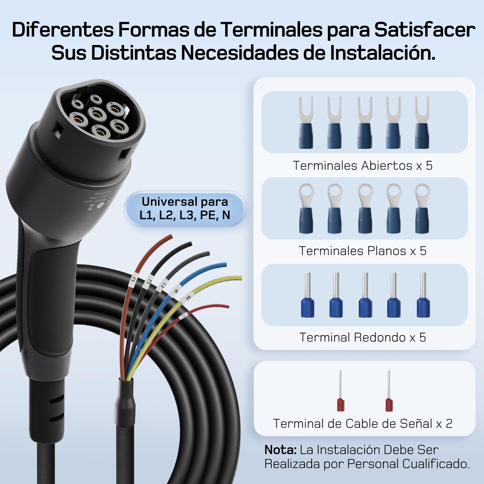 Cable De Carga Tipo 2 Abierto 22kW 7m - Trifásico 32A Para Wallbox - Repuesto Para Vehículos Eléctricos