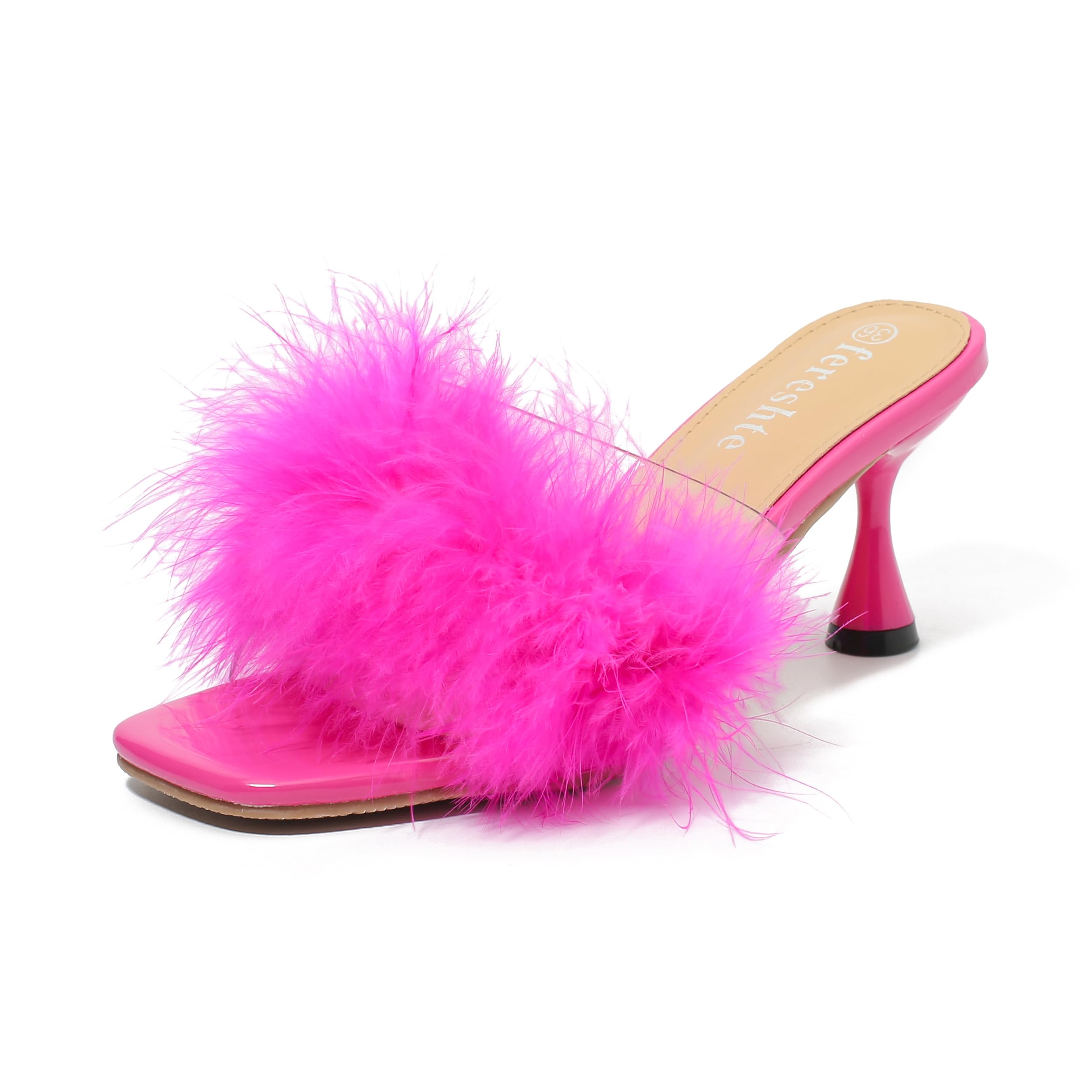 fereshte Women's Feather Heels Sandals Fluffy Fur Clear Strap Slip On Square Toe Kitten Mules