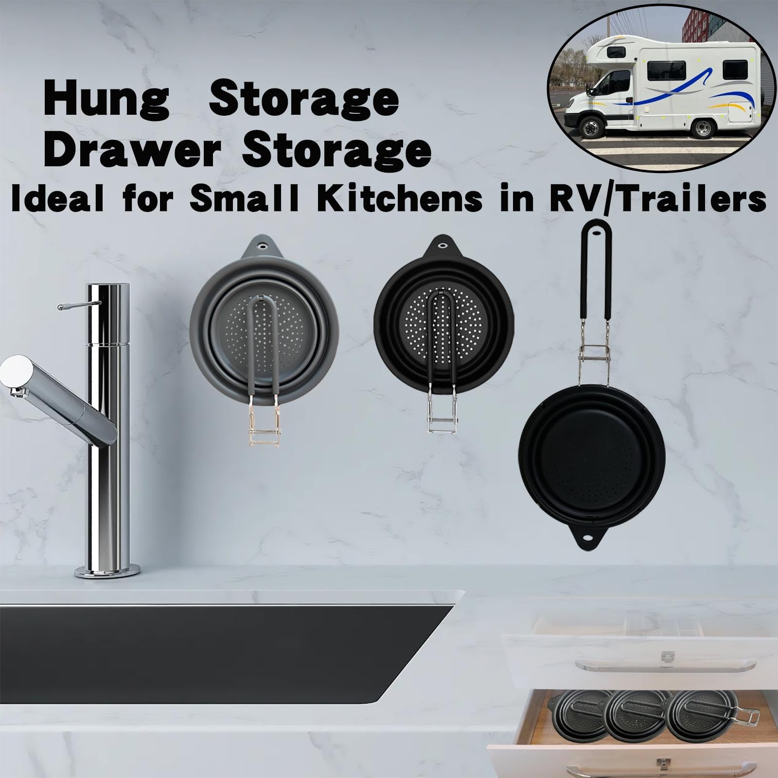 Silicone Collapsible Colander with Handle,Home/RV Kitchen Space Saving Silicone Colander,Drainage of Food,Vegetables,Fruits (Black)