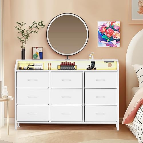 White Dresser for Bedroom with Charing Station and LED Light, 9 Drawers Dresser with PU Finish Fabric Chest of Drawers for Entryway Closet Living Room Sturdy Frame Double Wooden Tabletop
