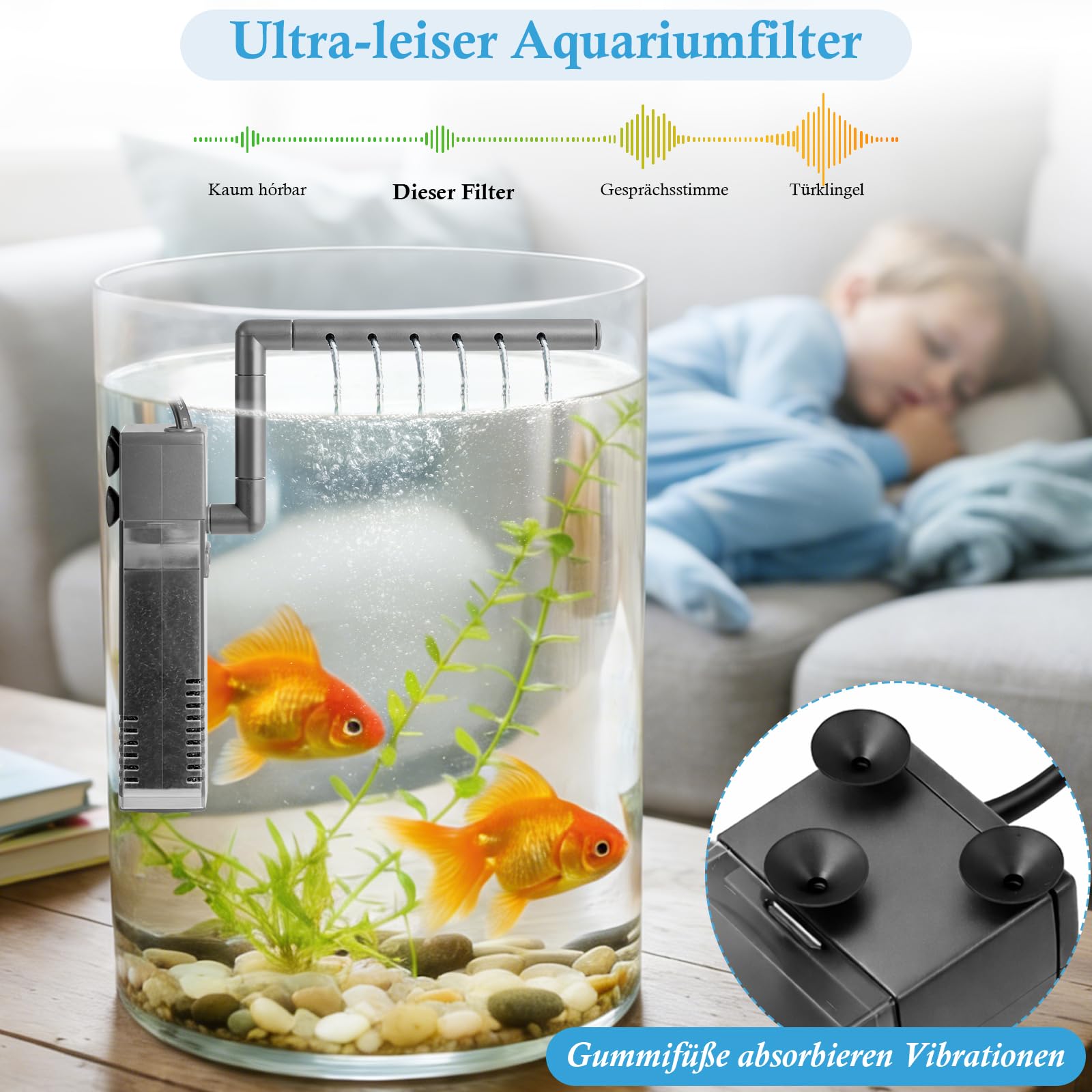 3W Leiser Aquarium Innenfilter, 4-IN-1 200L/H Mini Aquarium Filter mit Sauerstoffzufuhr–für 2-20L Kleine Fische Garnelen Fischbrut und Schildkröten Aquarien, mit wechselbarem Filterschwamm