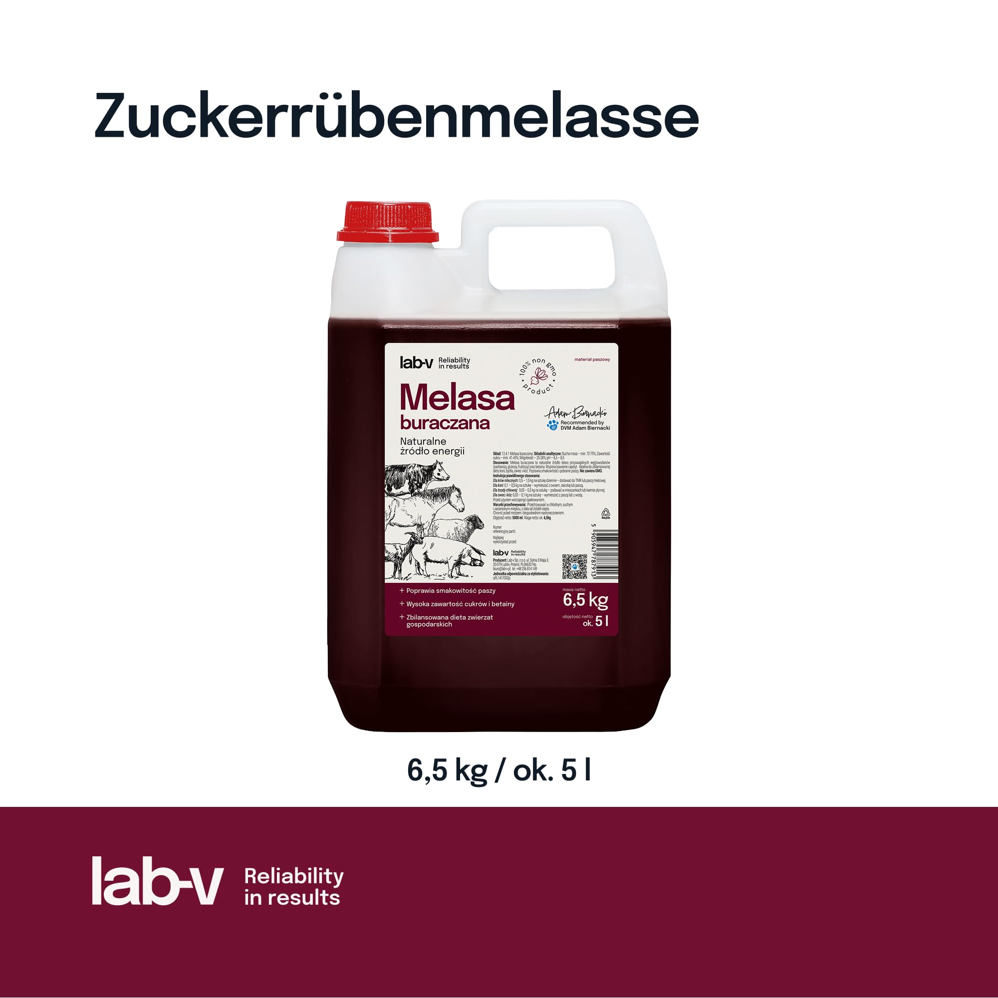 Lab-V Melaza de remolacha azucarera 5 L (6,5 kg aprox.) – pienso para caballos, bovinos, ovinos, cabras y cerdos – Melaza líquida para complemento alimenticio