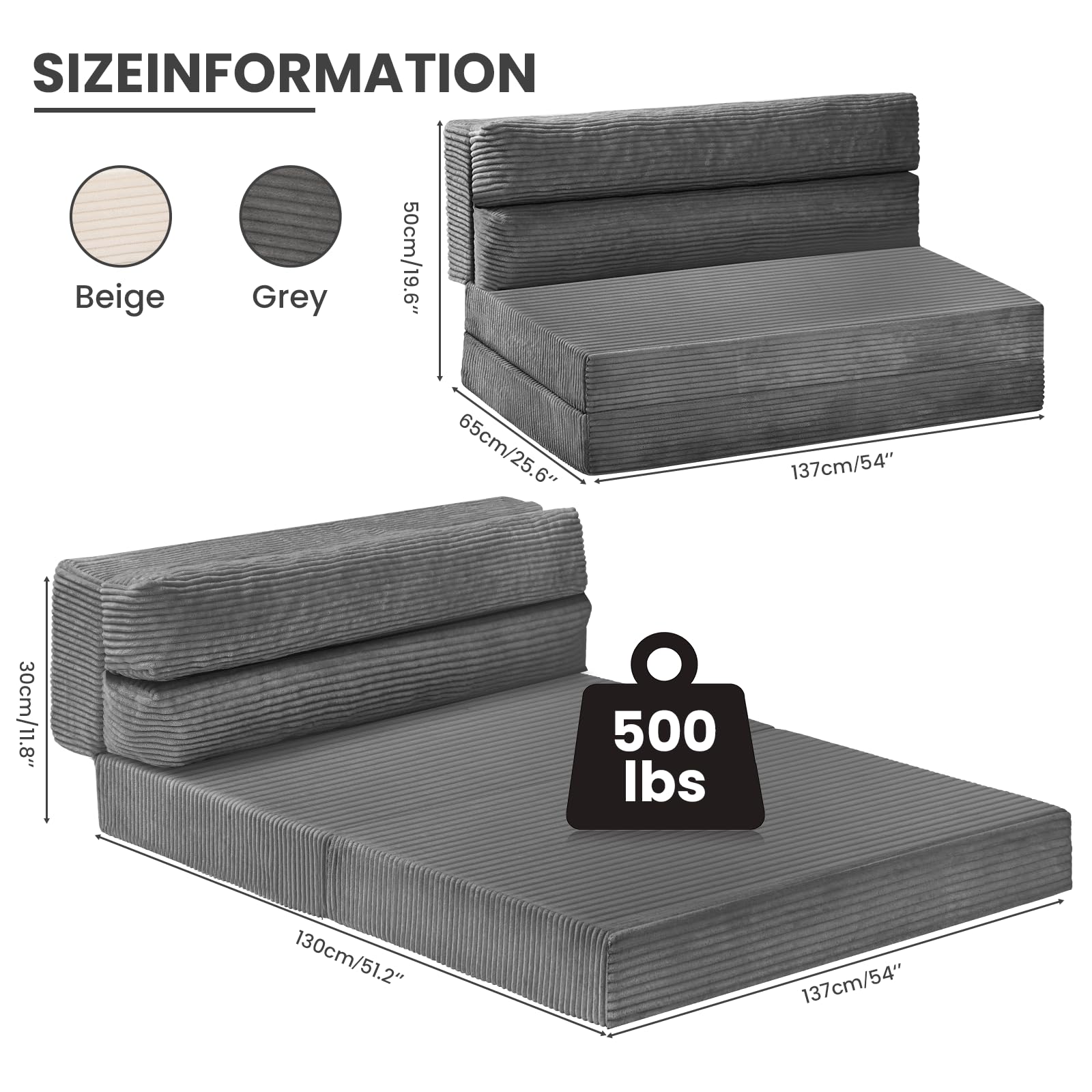 Folding Sofa Bed, Convertible Sleeper Chair with Pilow Foldable Matress, 2 in 1 Pull Out Loveseat Sofa Portable Fold Out Chair Bed Floor Couch Lounge for Living Room Bedroom (Grey, Full)