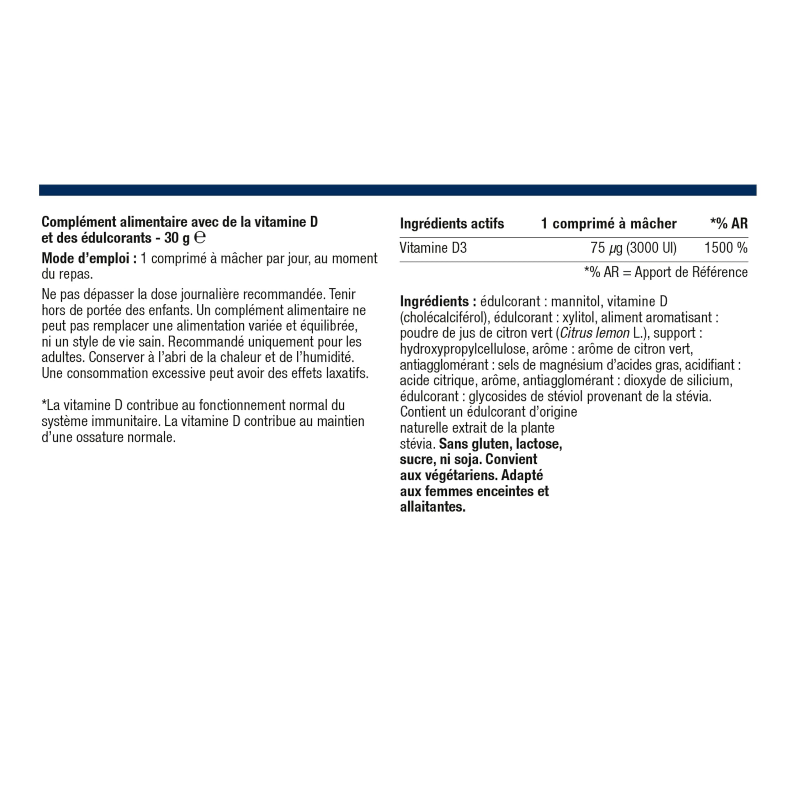 Metagenics Vitamine D3 3000 UI - Haute Dose 75 µg - Soutien Immunitaire & Santé des Os - Sans Gluten, Sans Lactose, Végétarien - 120 Comprimés à Mâcher Goût Citron Vert - 4 Mois