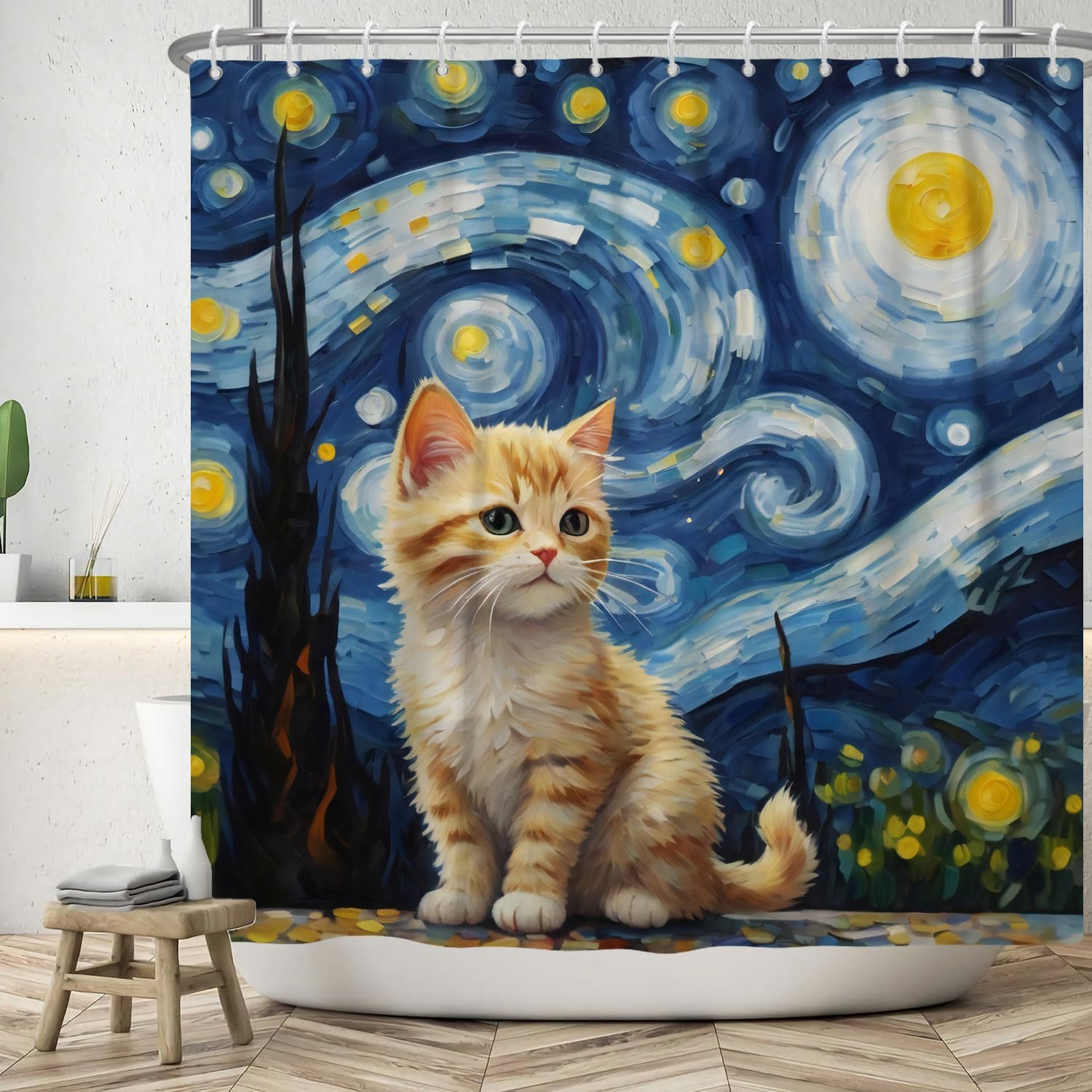 Cortina de Baño 165x183cm Temática para Gatos - Estrella de Arte Azul con Gatos Naranjas - Impermeable, Poliéster, Decoración de Baño