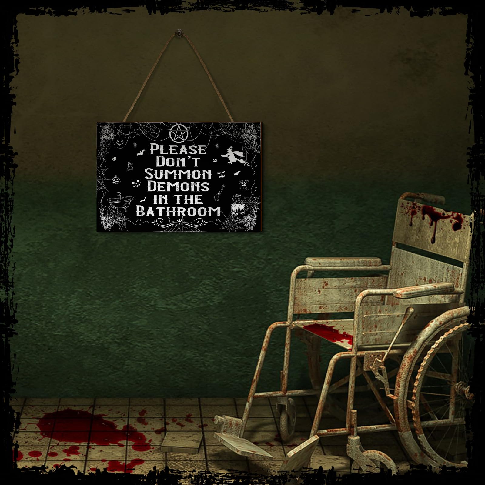 Wesiti Halloween-Badezimmer-Dekor, Gothic-Haustürschild, Hexe Bitte nicht beschwören, Dämonen im Badezimmer, Halloween-Holzschild, hängende Kunst, gruselige Gothic-Raum-Wanddekoration