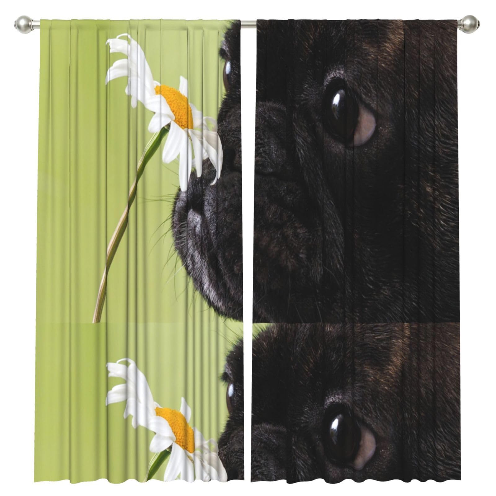InOmak Dog Pattern Pug Floral Pattern, 2 Panels Window Curtains 52 x 84 Inch Blackout Curtains for Living Room Bedroom