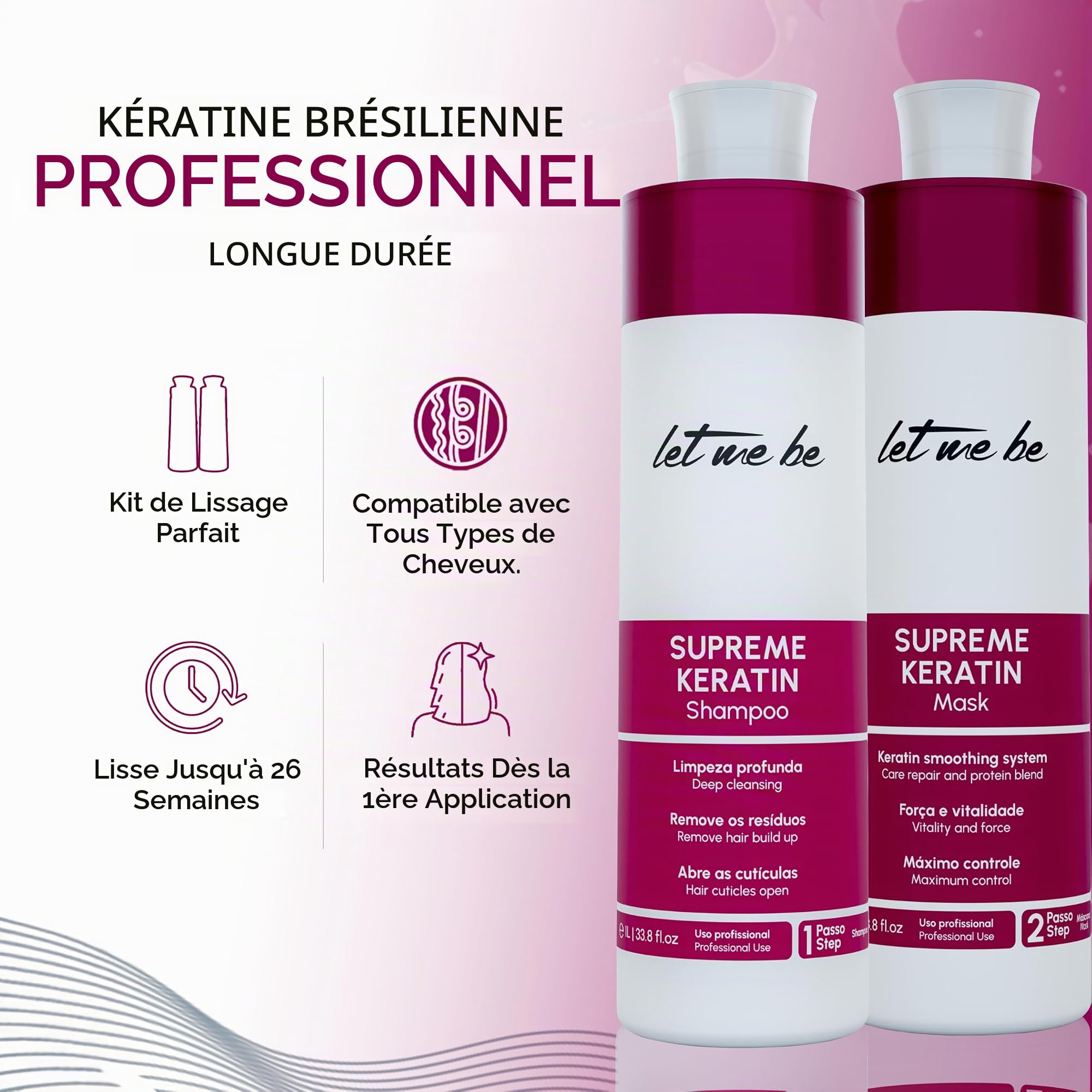 Let Me Be - Kit de Lissage à la Kératine Supremeliss Mask, 2 en 1, Shampooing et Masque Anti-résidus, Nettoyage Profond et Lissage Brésilien 100%, Longue Durée (2x500ml)